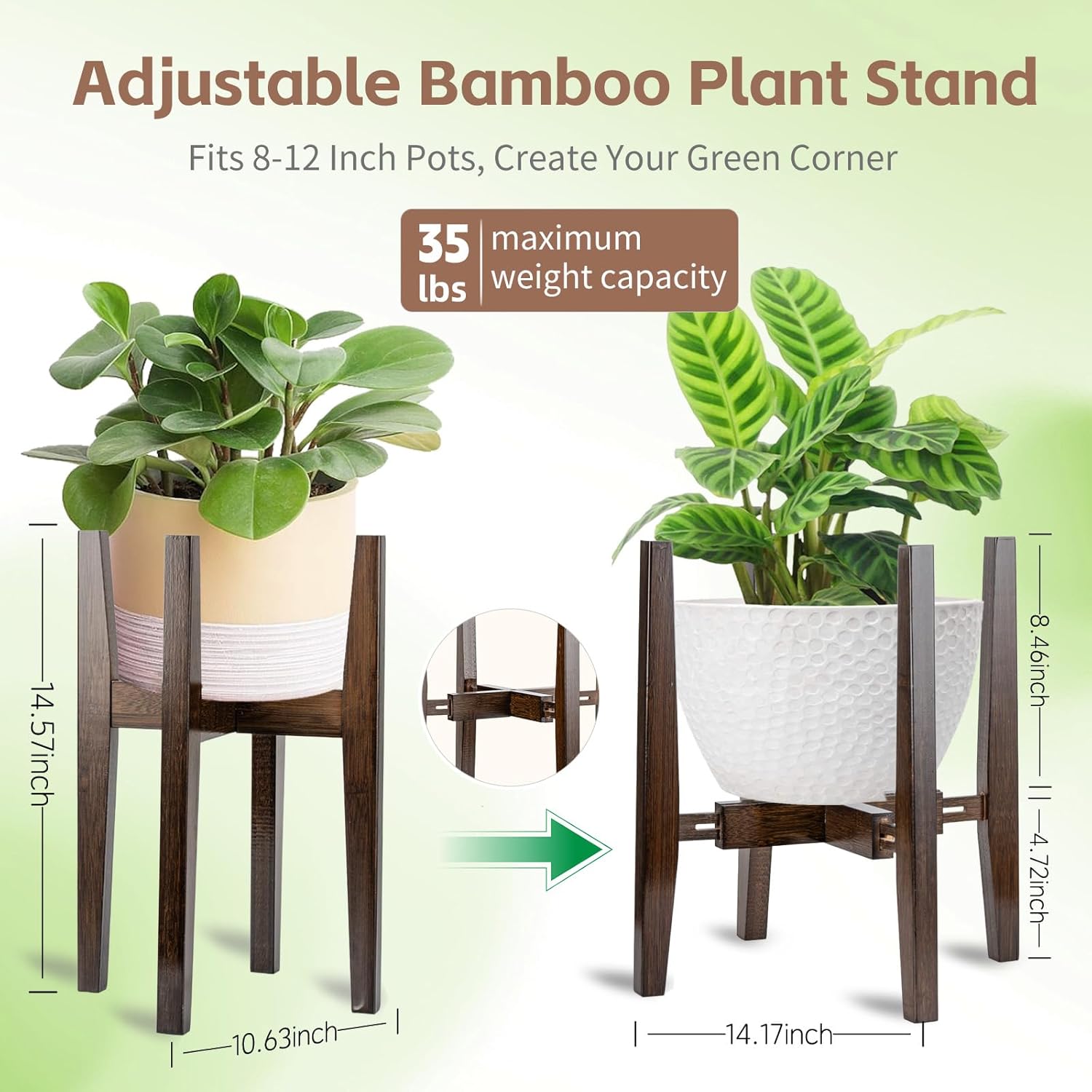 Adjustable Bamboo Plant Stand for Indoor Plants, Modern Flower Holder Shelf with 8-12 Inch Pot Compatibility, Space-Saving Corner Design for Living Room, Bedroom, Office Home Decor (No Pot/Plant Included) (Walnut Color)