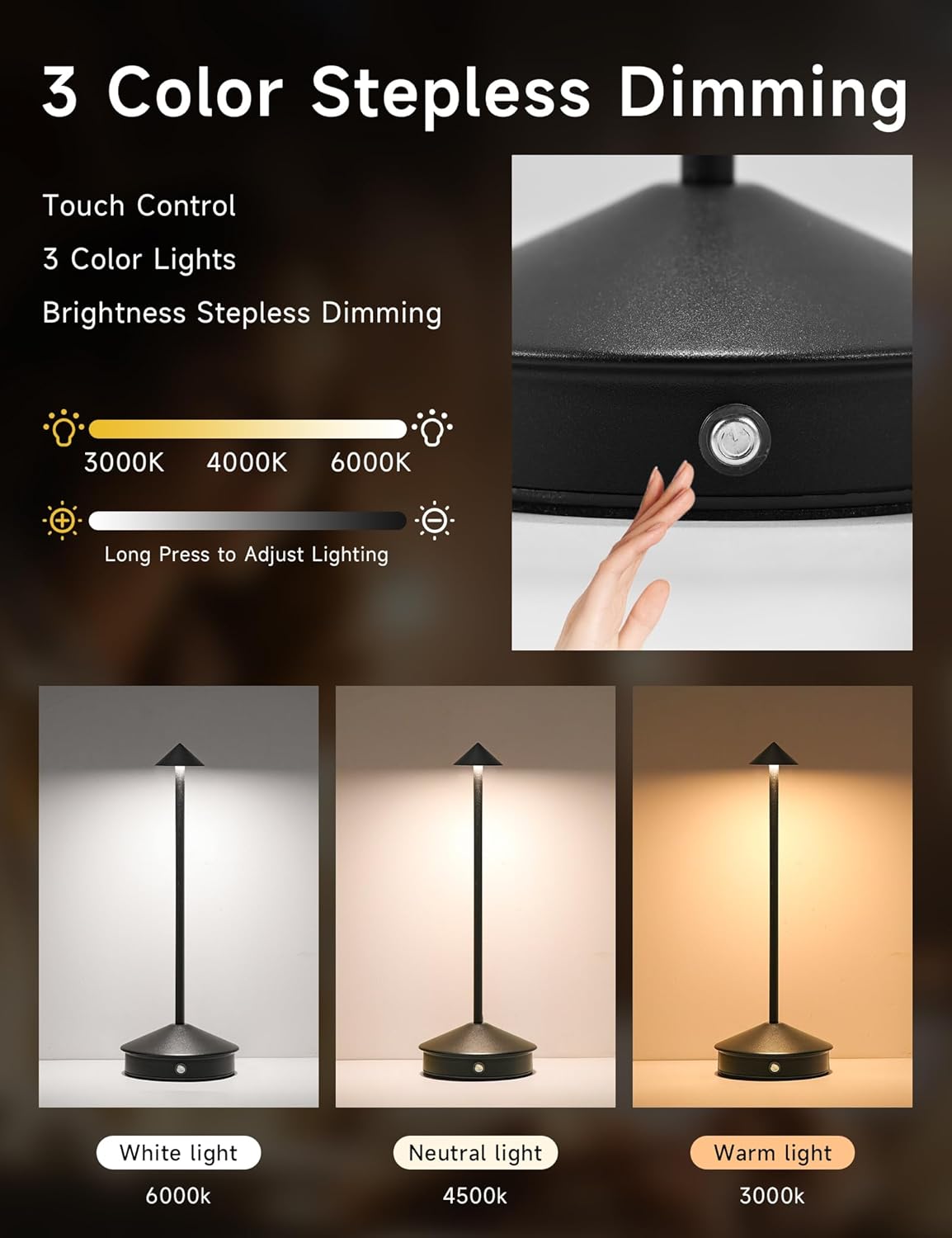 Cordless Table Lamps,LED Rechargeable Desk Lamp,Portable Modern USB Battery Operated Lights,Outdoor Waterproof Touch Dimmable,for Patio,Restaurant,Bar,Camping,Dining Home (2Pcs-Black)