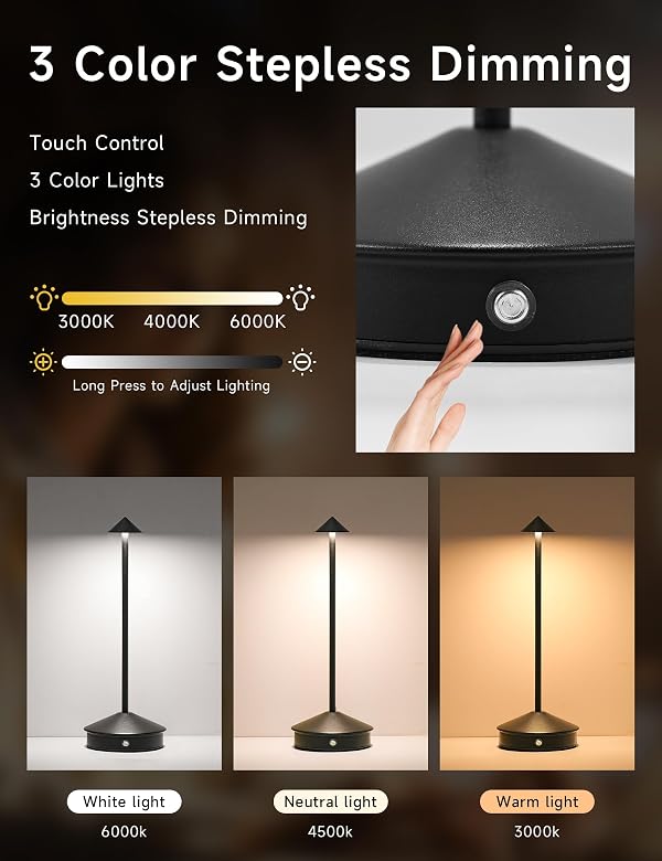 KROPTIB Cordless Table Lamps,LED Rechargeable Desk Lamp,Portable Modern USB Battery Operated Lights,Outdoor Waterproof Touch Dimmable,for Patio,Restaurant,Bar,Camping,Dining Home (2Pcs-Black) by KROPTIB - Image 3