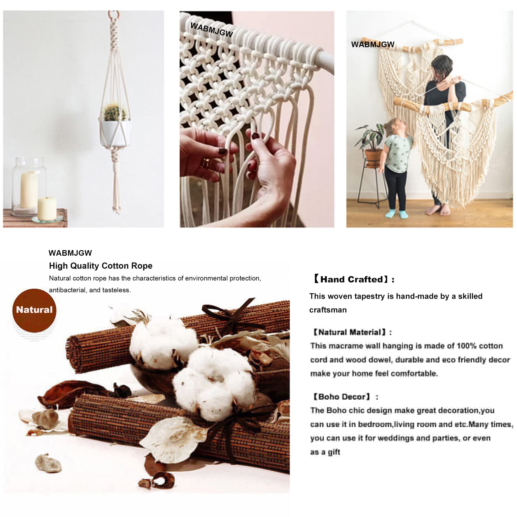 WABMJGW Tapiz de macramé Bohemio para Colgar en la Pared, Tapiz de macramé, Tapiz de Cuerda de algodón, para Colgar en la Pared, para Dormitorio, Sala de Estar, Color Beige, 120 x 100 cm