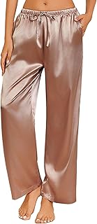 EKOUAER Womens Silk Satin Pajama Pants Casual Loose Lounge Pants Drawstring Elastic Waist Wide Leg Pj Bottoms with Pockets