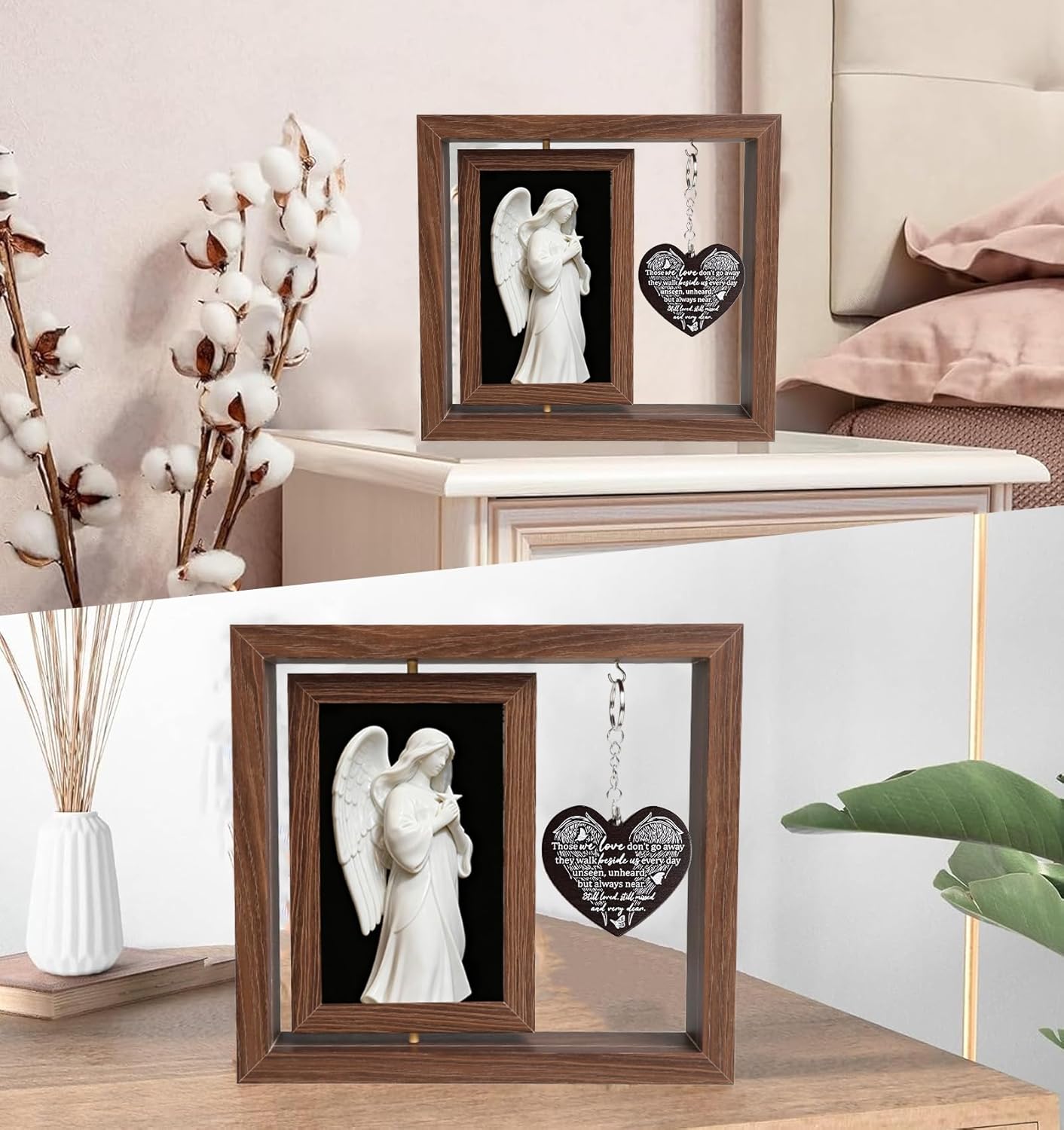 Memorial Picture Frame for Loss of Loved One, Bereavement Gifts Rotating Picture Frame with 2 Heart-Shaped Pendant, Dual 4x6 Photos Display, Wooden Photo Frames Sympathy Gifts Tabletop Decor - Image 7