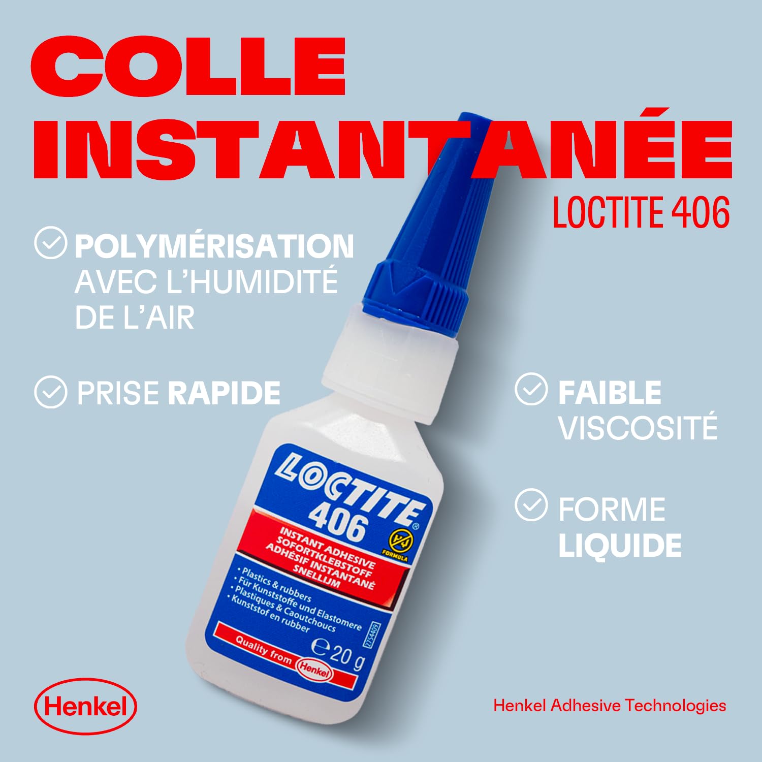 LOCTITE® 406 - Colle Instantanée Cyanoacrylate pour Plastiques et Élastomères - Adhérence Rapide et Résistante - 20 g Flacon