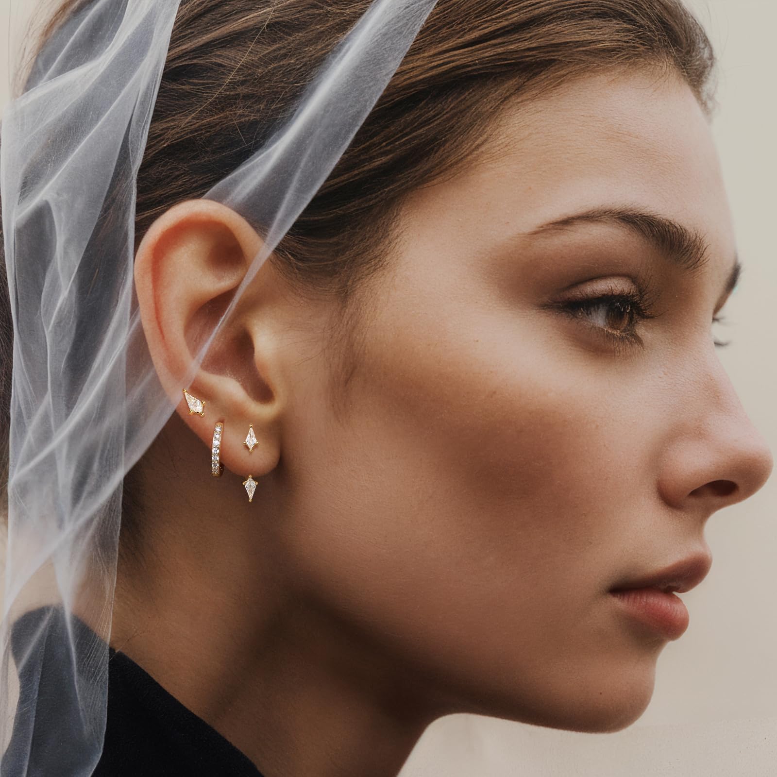 Aretes tipo dormilona para mujer, juegos de aretes para múltiples piercings, juego de 3 pares de aretes delicados para mujer, Latón, No es una piedra preciosa 3