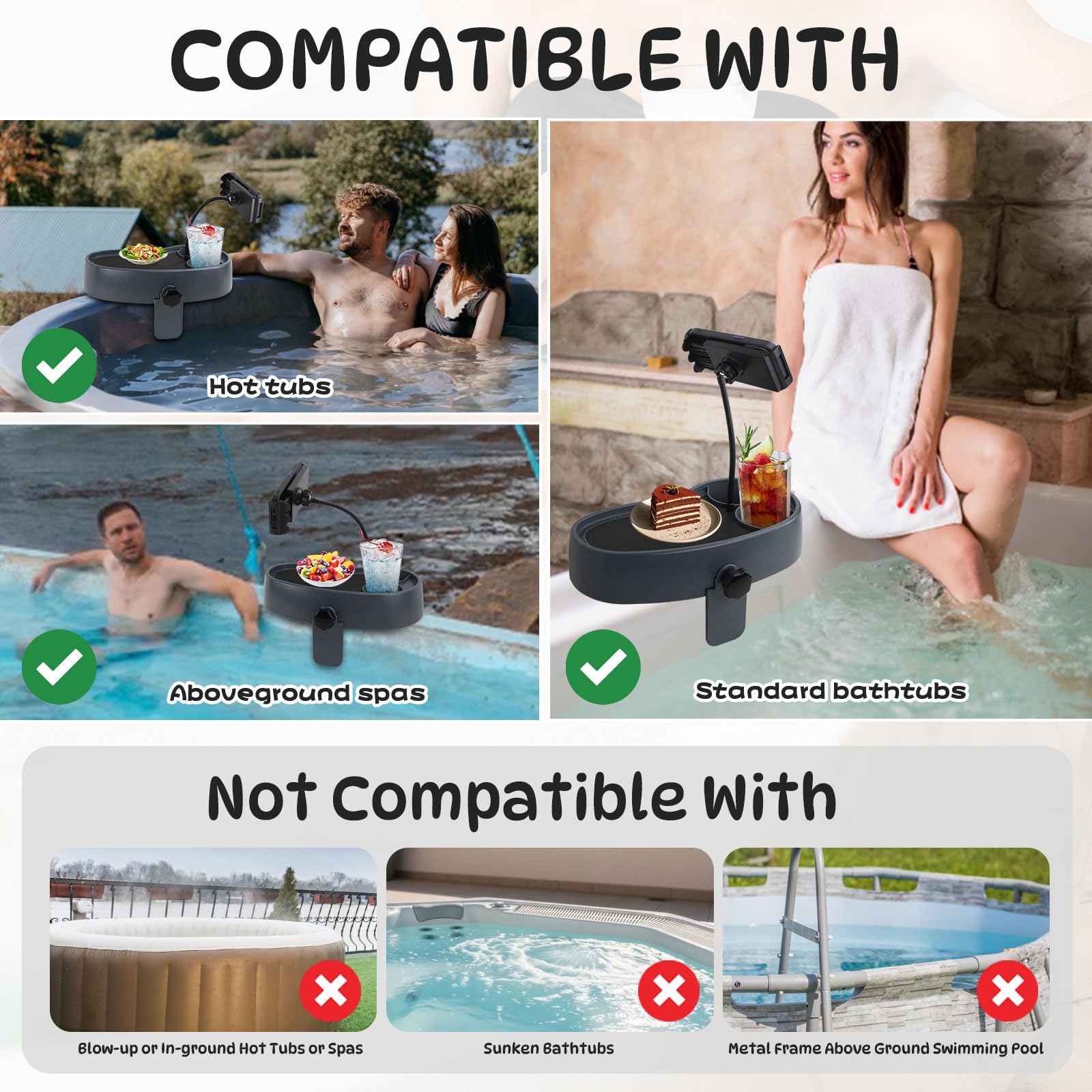 Tavolino regolabile 3 in 1 per vasca idromassaggio con supporto per telefono girevole a 360° e 2 portabicchieri, design antiscivolo e drenante, adatto per vasche idromassaggio/spa/piscina