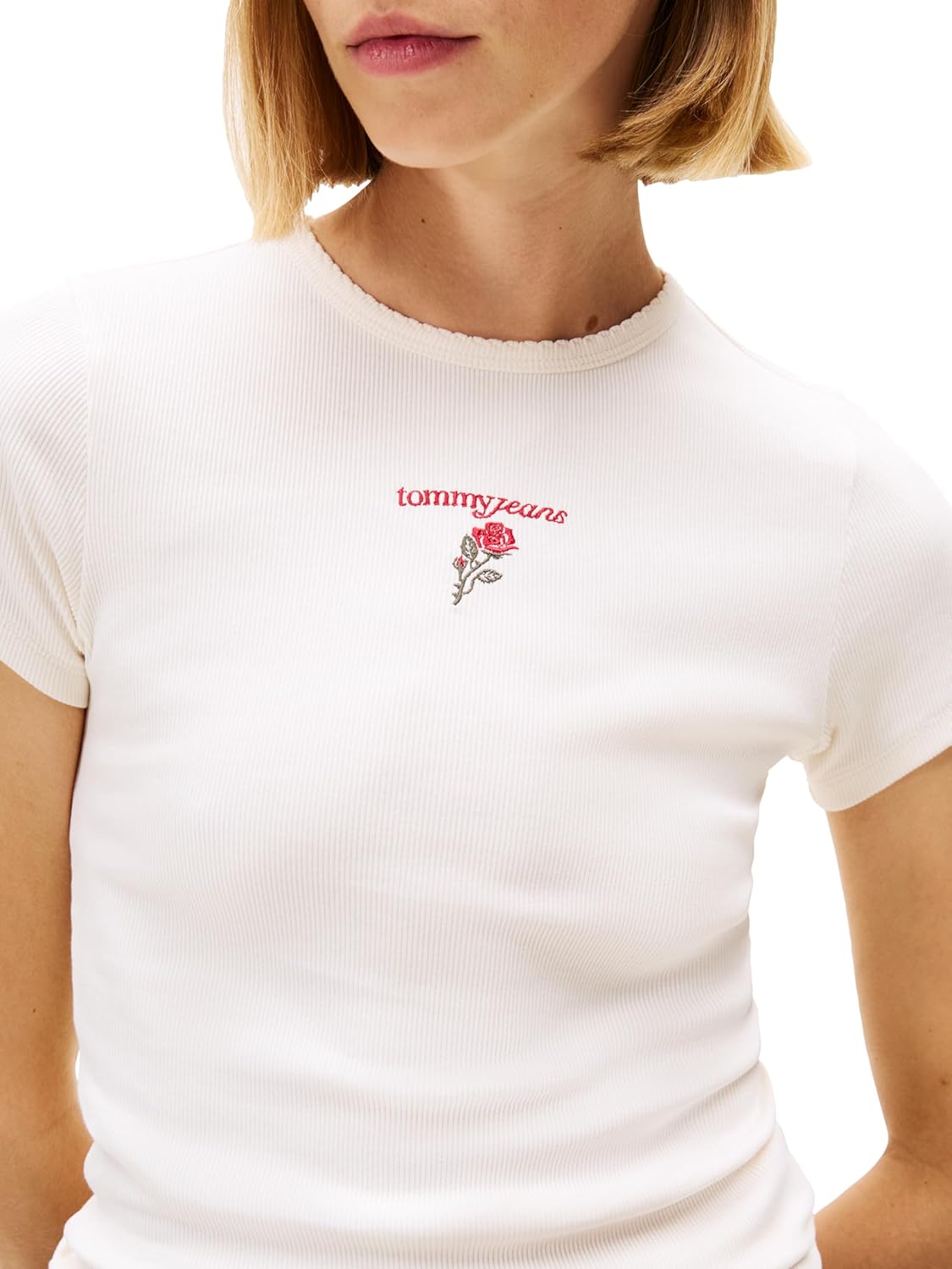 Tommy Jeans Women's Ribbed Graphic Tee with Embroidered Rose Logo Detail - Image 2
