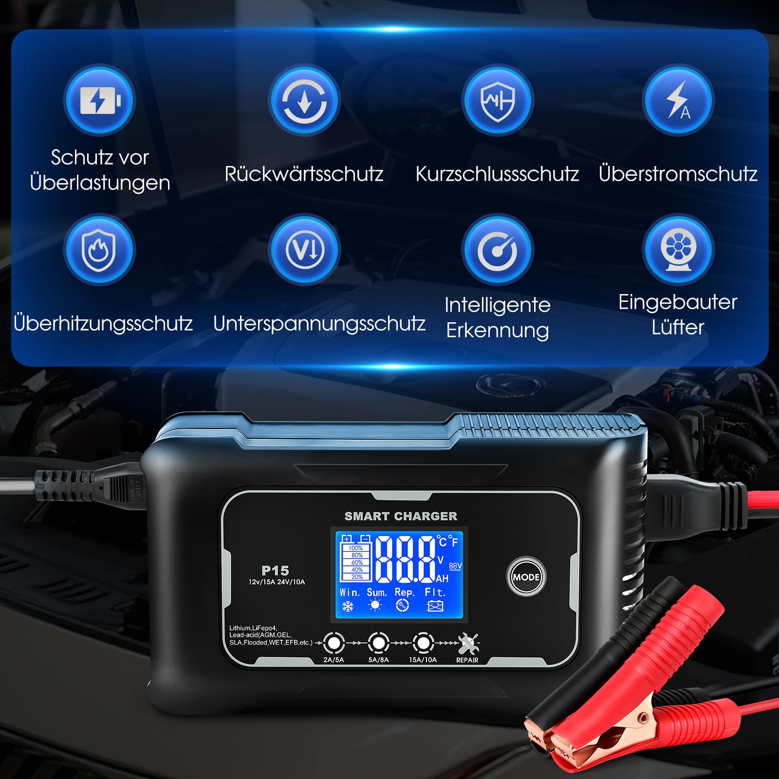 Ładowarka samochodowa 15 A Ładowarka samochodowa 12 V/15 A 24 V/10 A Ładowarka do konserwacji akumulatora Nadaje się do samochodów, motocykli, kosiarek i łodzi