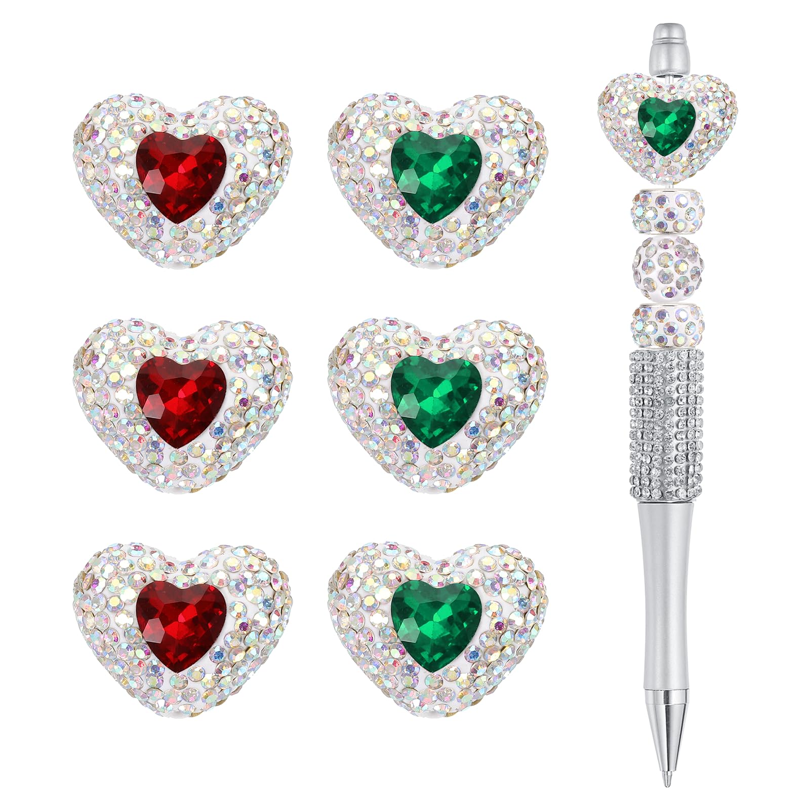 sourcing map 12Pcs Rhinestone Beads for Pens Heart Shape Fancy Focal Beads Bling Rhinestone for Beadable Pens Jewelry Making Keychain DIY Handicrafts(Red, Dark Green)