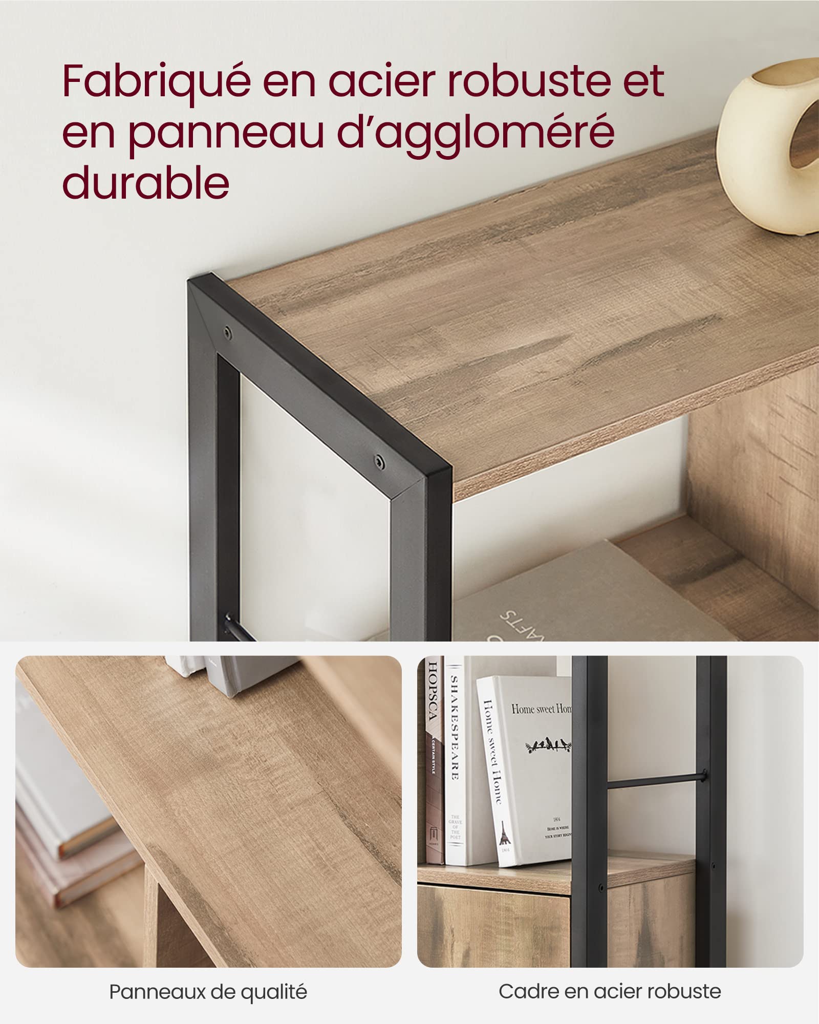 VASAGLE Étagère, Bibliothèque à 4 Niveaux, Meuble de Rangement, Placad, avec Portes, Grand, Cadre en Acier, pour Salon, Bureau, Chambre, Style Industriel, Marron Camel et Noir d'encre LBC022B50
