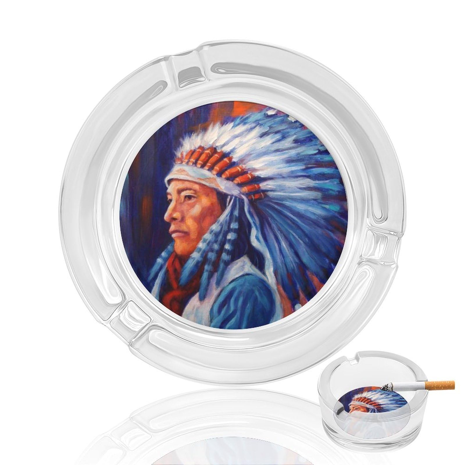 Native Indian Chief Ashtray Portable Round Glass Outdoor Ash Tray for Home Office Garden Pub
