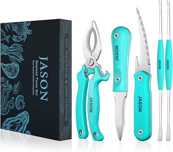JASON 5-Piece Seafood Tools Set - 1 Crab Cracker, 1 Shrimp Peeler, 1 Oyster Shucking Knife and 2 Crab Forks with Gift Box, Stainless Steel Seafood Opener Kit for Christmas/Birthday/Thanksgiving