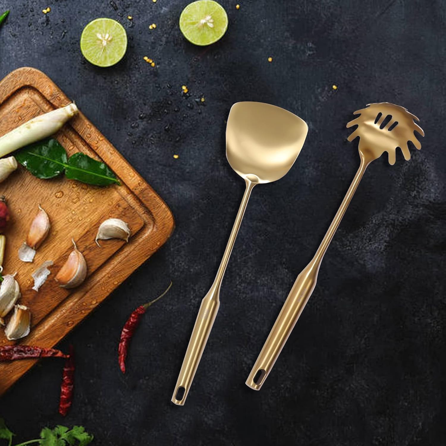 Gold Kitchen Utensils Set with Stand – 7Pcs 304 Stainless Steel Brass Cooking Tools with Rotating Holder, Includes Spatula, Slotted Turner, Ladle, Skimmer, Pasta Server, Large Rice Spoon