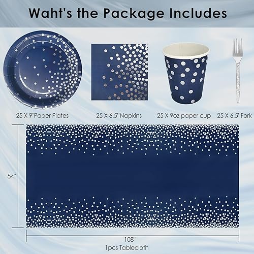 Miniatura 2 de Serve 25 Guests Navy Blue Plates and Napkins Party Supplies,Blue and Silver Birthday Plates Disposable,Navy Blue Paper Plates and Napkins Cups
