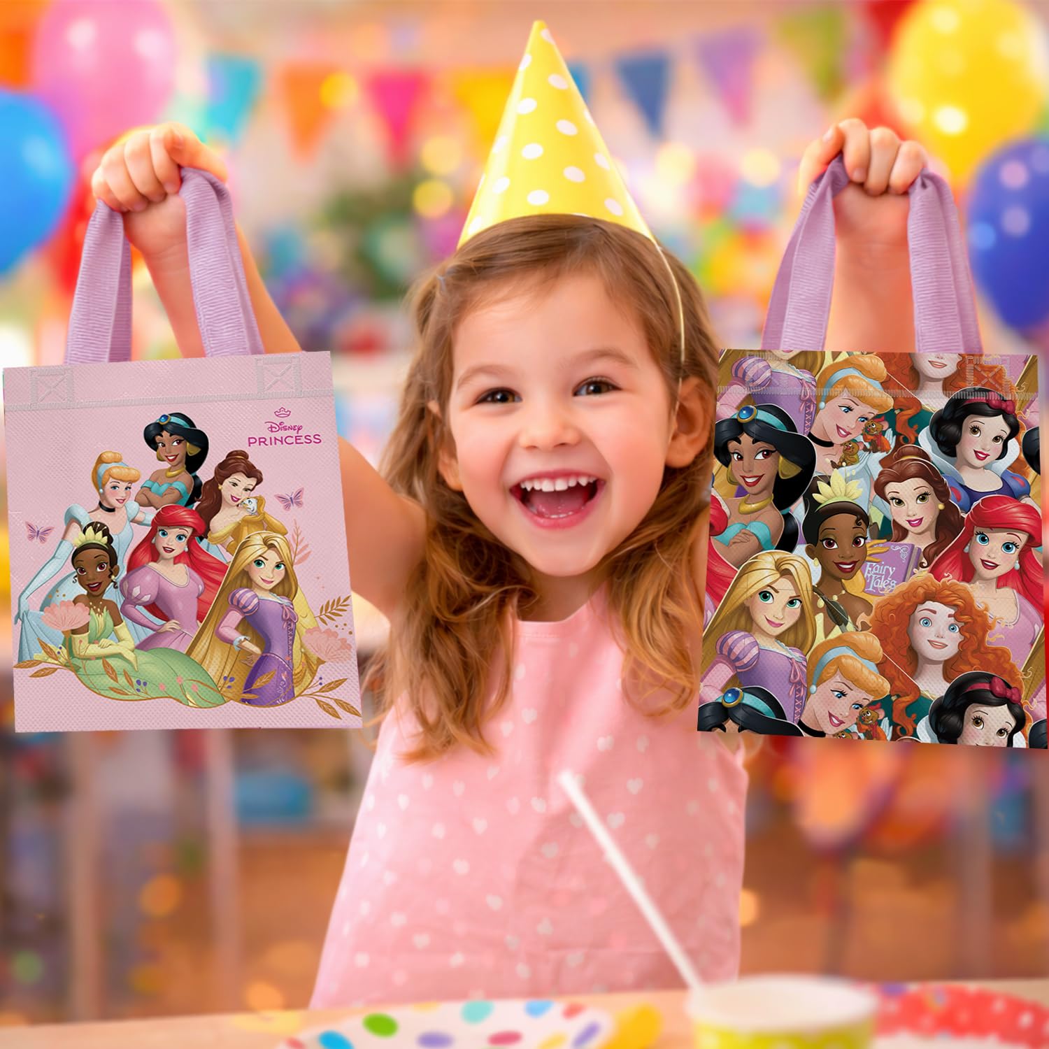 Disney Juego de bolsas de regalo de fiesta de princesas, paquete de 12 bolsas de regalo de fiesta de princesa Disney para niños, bolsas reutilizables a granel (suministros de fiesta de cumpleaños de