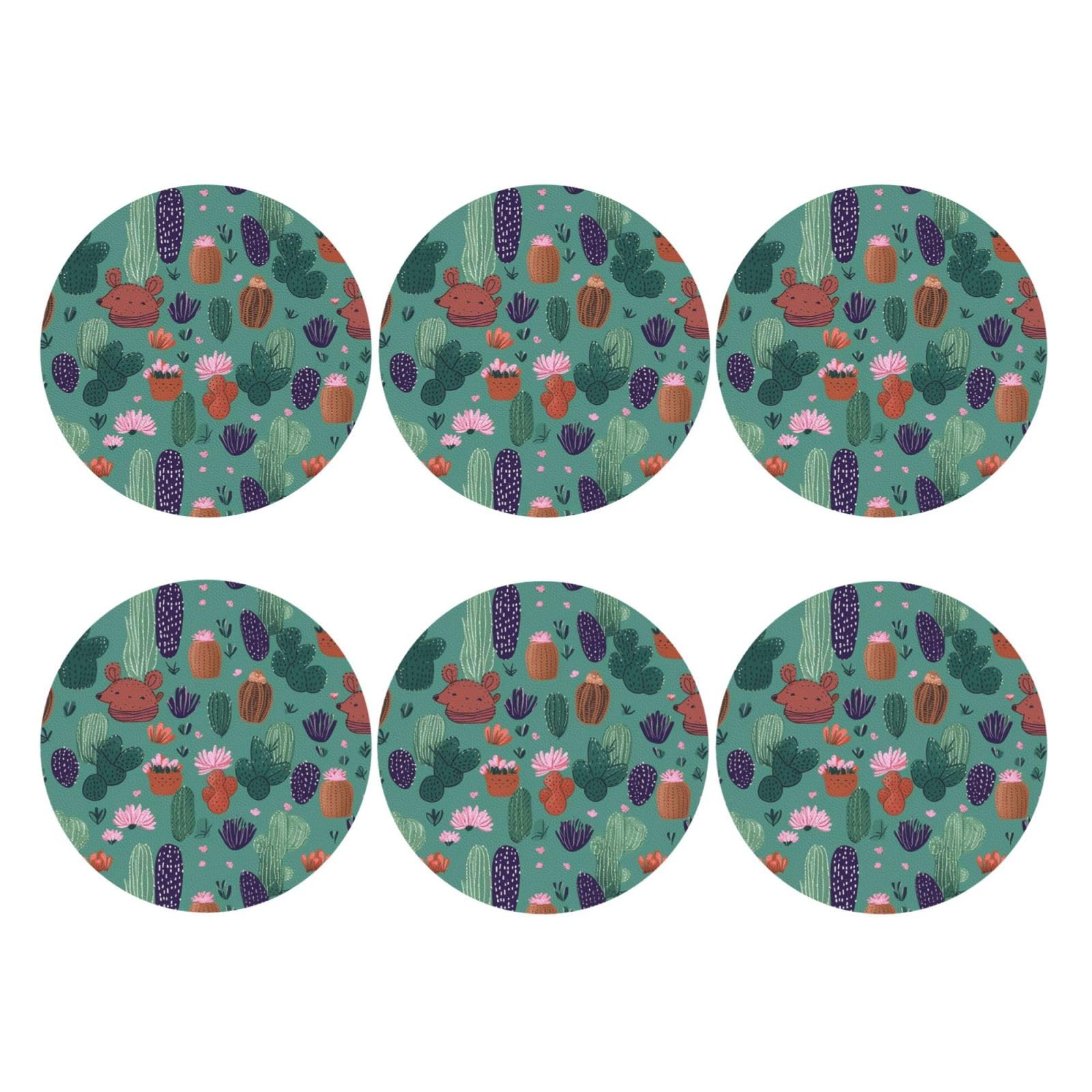 6pcs Leather Coasters for Drinks, Cactus Pattern Drink Coasters for Tabletop Protection, 4" Cup Coasters for Coffee Table Decor, Non-Slip Drinking Cup Mat for Hot Or Cold Drink