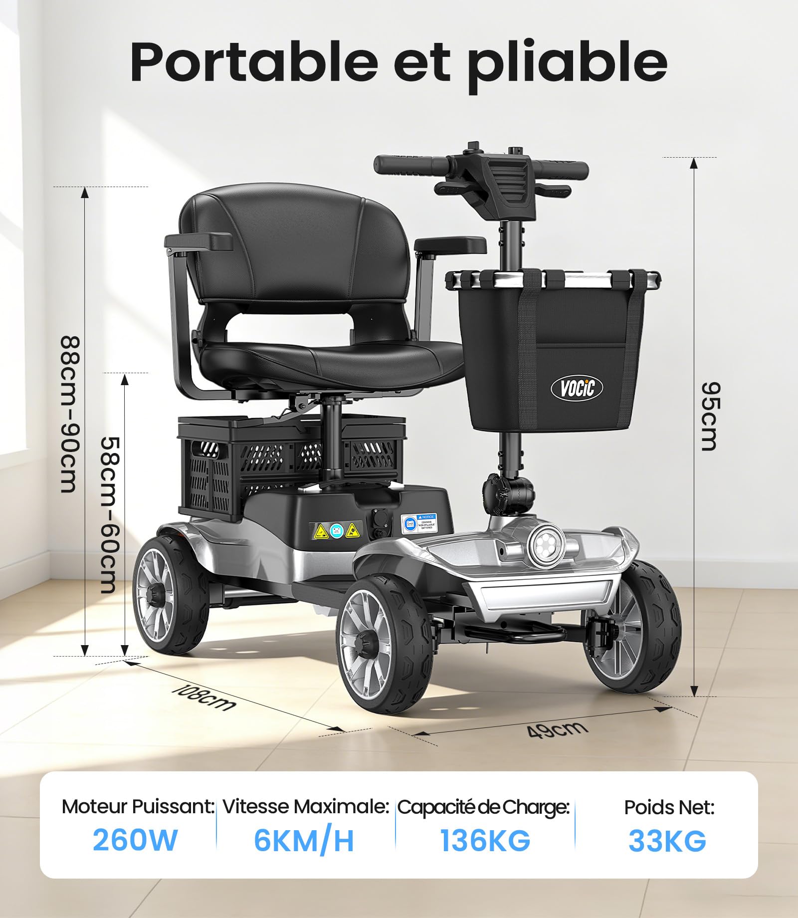 VOCIC D35 Scooter de mobilité Pliable 35 km, avec Double Panier 40L | capacité 136 kg, roues 20 cm, siège ergonomique réglable, batterie amovible, idéal pour seniors (Gris argenté)