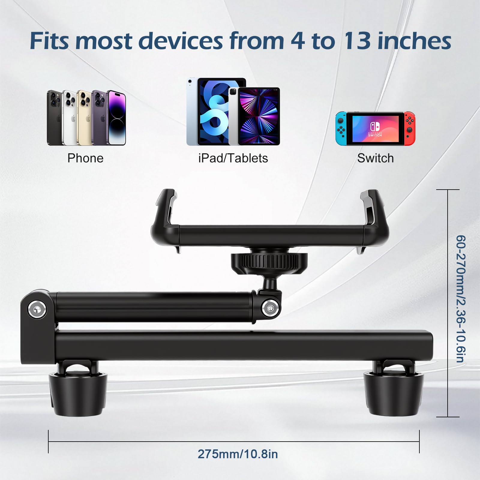 VINATO Tablet Holder for Car, Adjustable Car Mount for iPad Kindle 4-12.9 Inch, 360° Rotation Black
