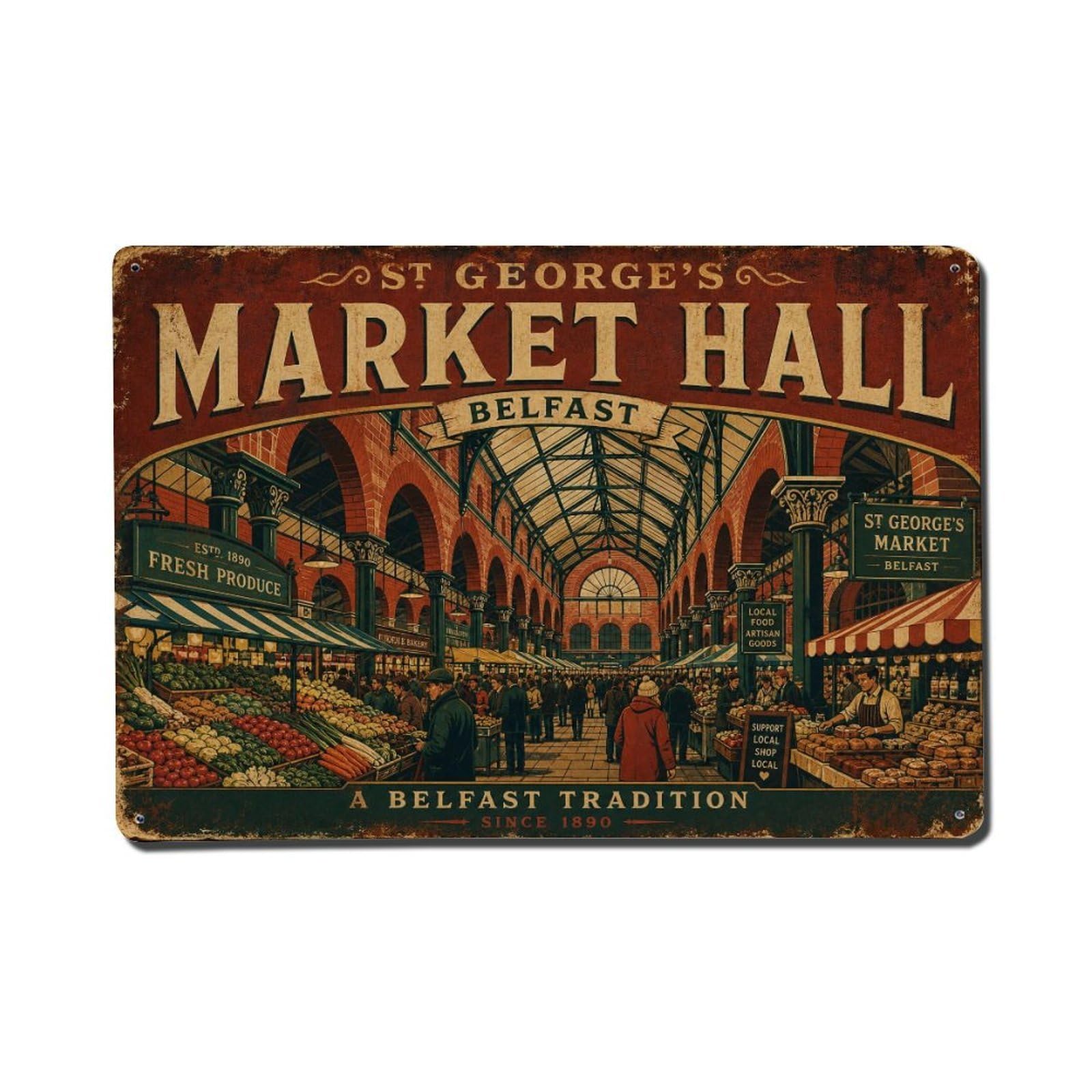 Vintage Travel St Georges Market Belfast Food Hall Arches Metal Tin Sign
