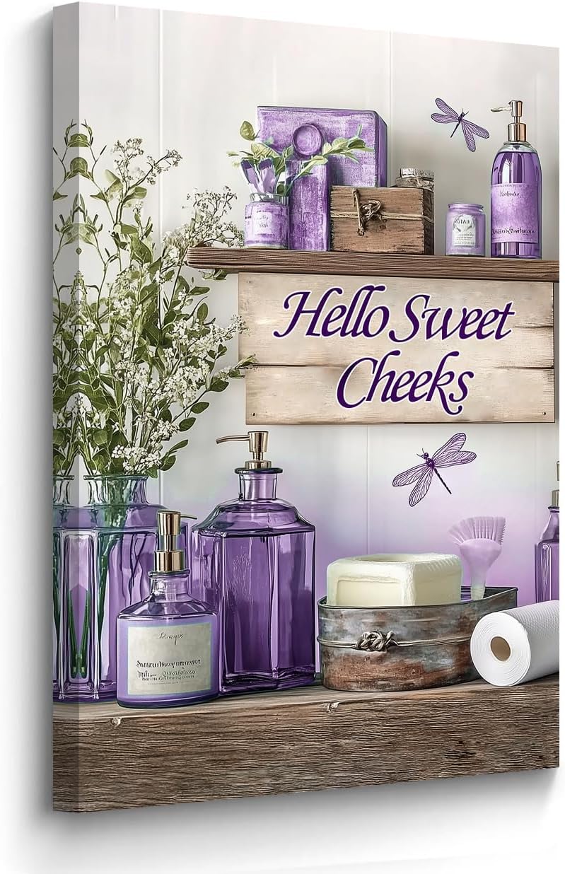 BJYCHG Purple Bathroom Canvas Wall Art Rustic Bathroom Picture Prints Farmhouse Flowers Bottles Painting Purple Wall Decor for Toilet Restroom Framed (Purples, 20L x 16W)