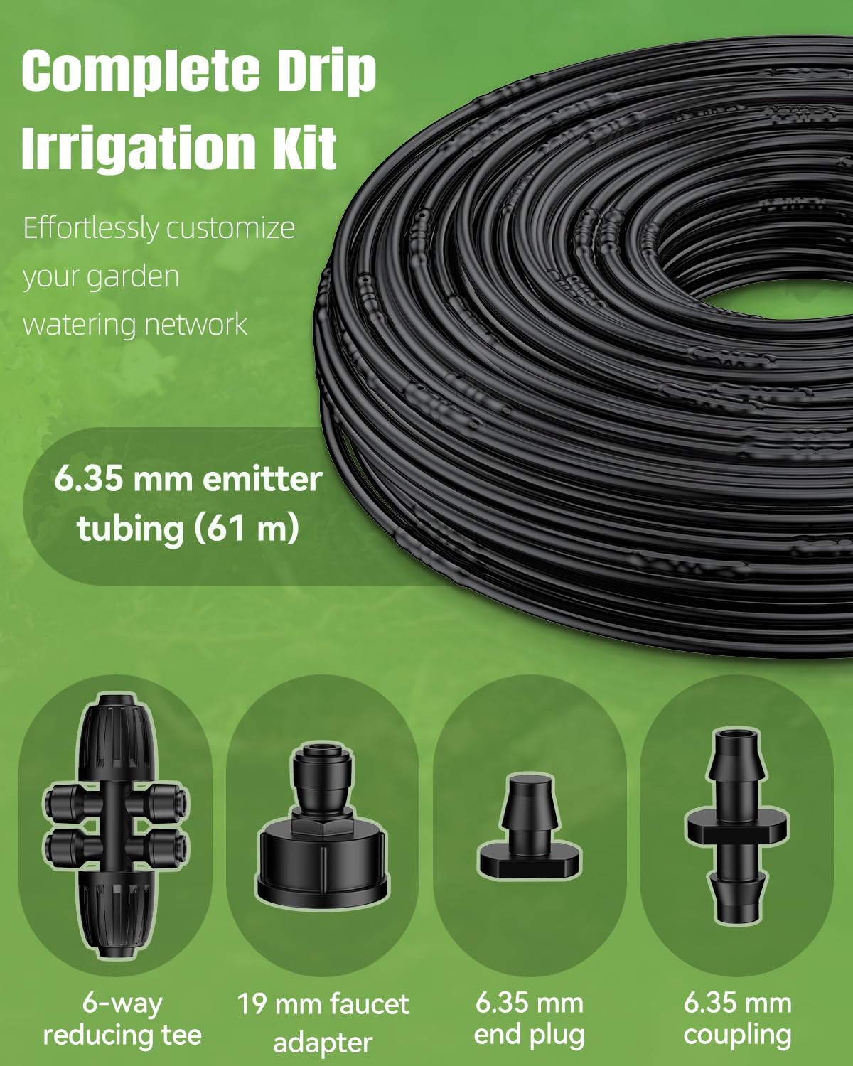 Pawfly 6,35 mm Manguera de goteo (rollo de 61 m), Tubo goteo con separación de 15 cm, Manguera de riego PE con 24 piezas, tubo distribuidor negro para sistemas de riego por goteo