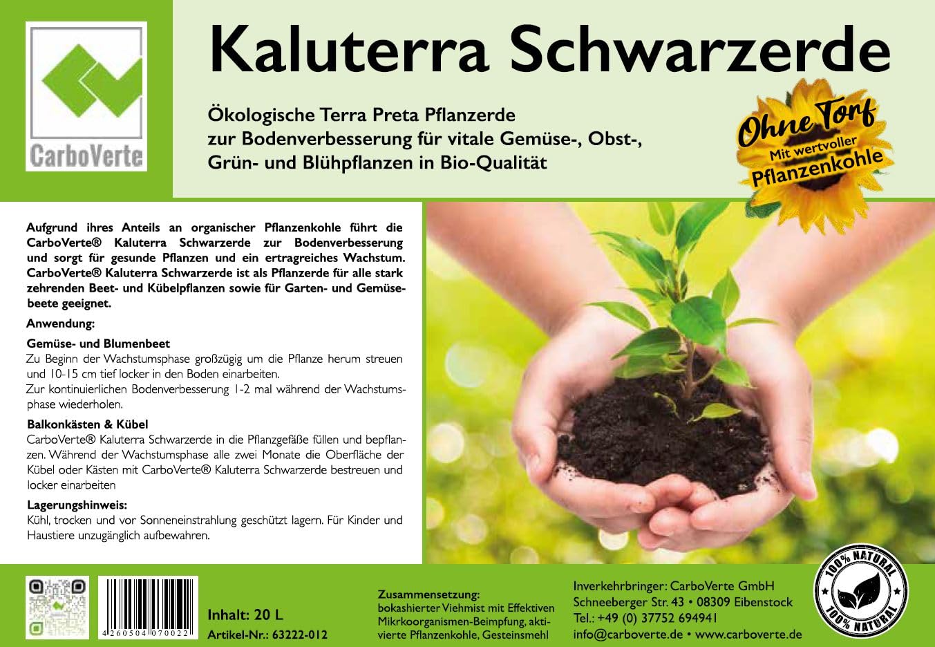 CarboVerte Kaluterra Schwarzerde Terra Preta, 20 L – Premium Pflanzenkohle Bodenverbesserer, Wasser- & Nährstoffspeicher, Nachhaltig, Für Beet, Hochbeet & Topfpflanzen