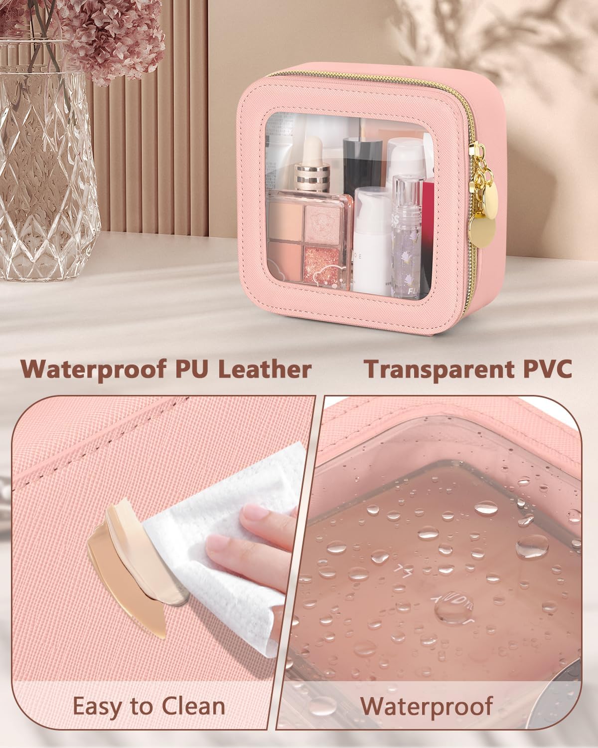 Clear Makeup Bag, Portable Travel Cosmetic Bags, Multipurpose Leather Toiletry Bag with Zipper, Waterproof Transparent Cosmetic Organizer for Women, Mini, Pink - Image 4