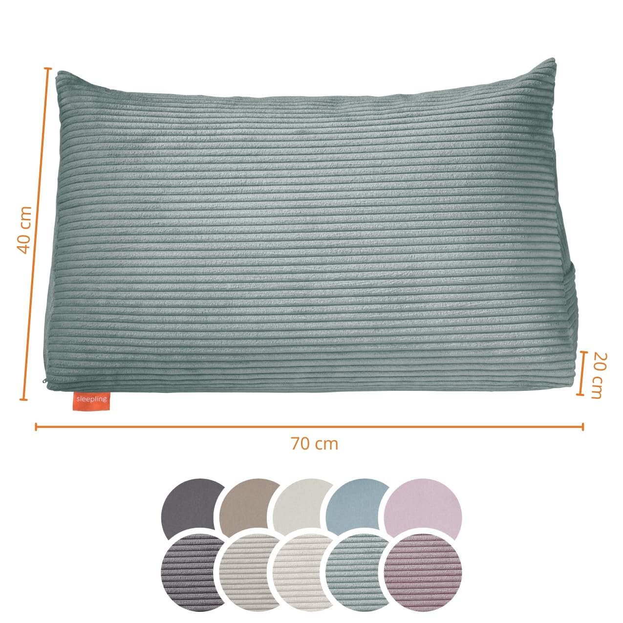 sleepling Rückenkissen Cord Optik, Keilkissen für Bett und Sofa, Lendenkissen, Lesekissen, Strandkissen, Kissen zum Lesen groß mit Seitenfach, Waschbarer Bezug, 70 cm breit, türkis