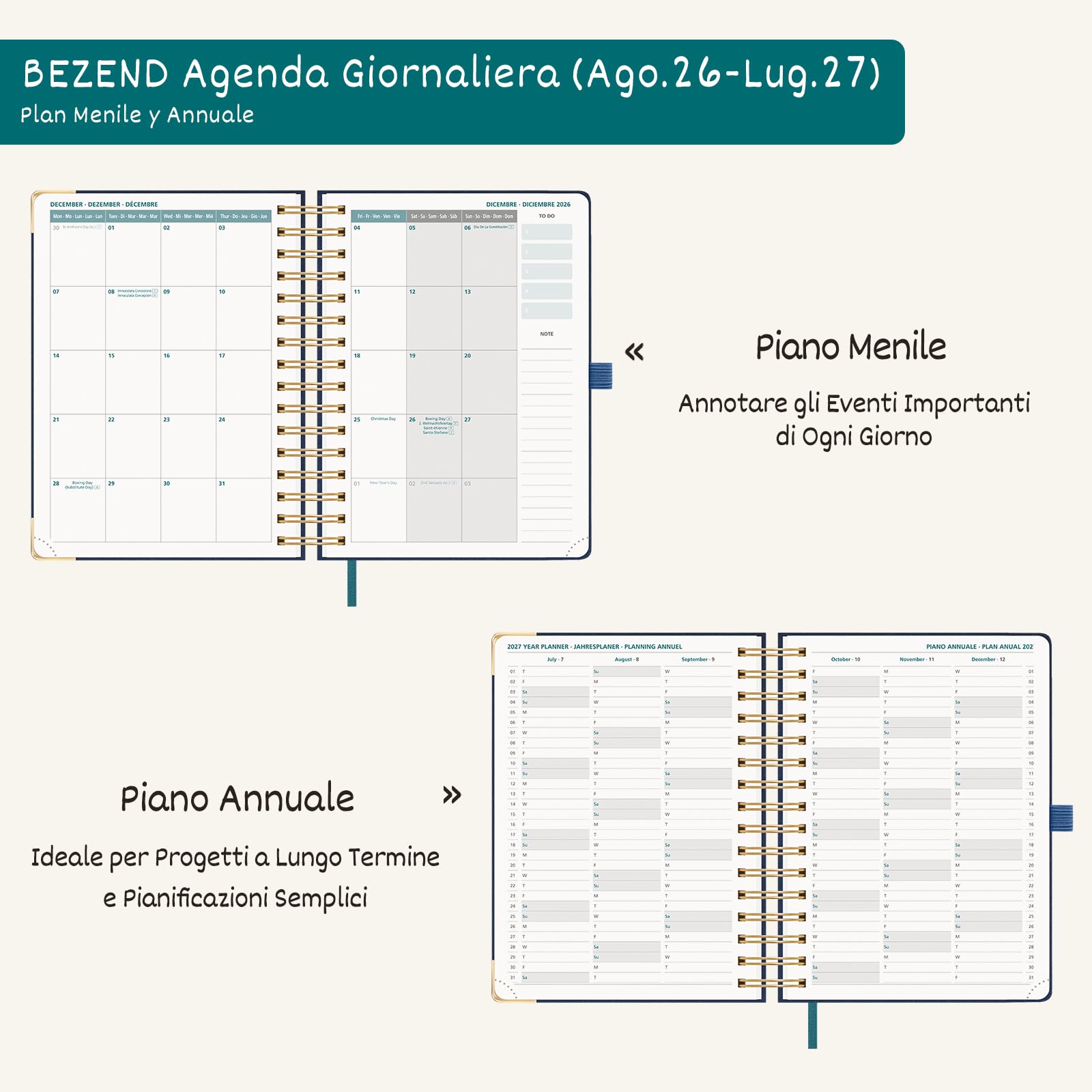 BEZEND Agenda 2026 2027 Giornaliera A5 Spirale, 12 Mesi da Ago.26 a Lug.27, Diario Scuola 21 x 15,5 cm con Angoli Protettivi Dorati, Intervalli di 30 Minuti, Copertina Rigida Pelle PU, Borgogna