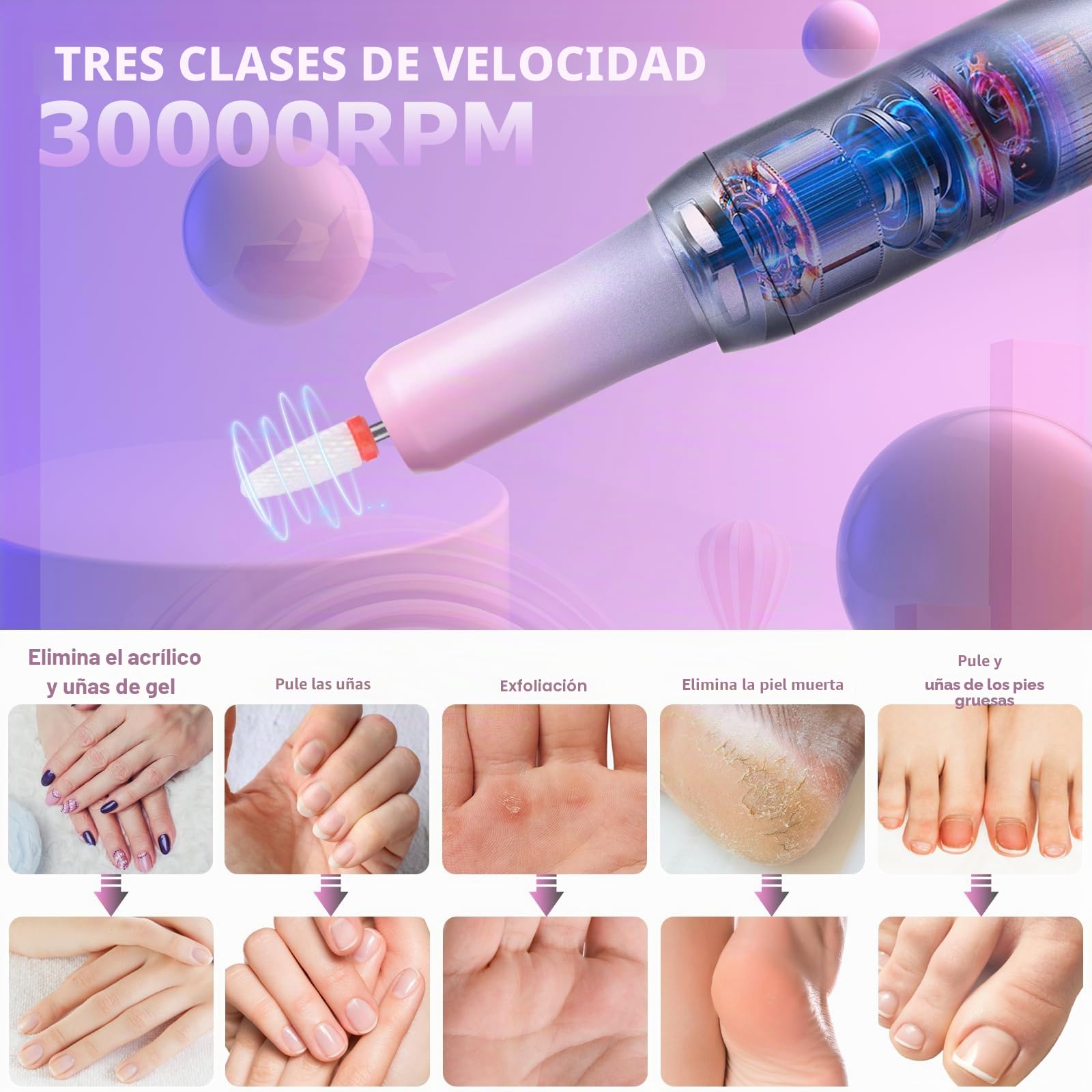 Torno para Uñas Profesional Lijadora Eléctrica de Uñas sin Cable 30000RPM, Lima de Uñas Portátil con Pantalla LCD, 12 Puntas, Potente Kit de Lijado para Manicura y Pedicura (Gris y Rosa)