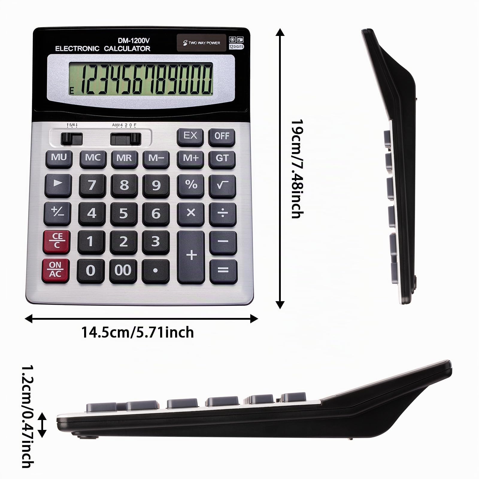 Calculadora de sobremesa de 12 dígitos con gran pantalla LCD y tecla sensible, energía solar dual y batería, función estándar para oficina (YE1200v)
