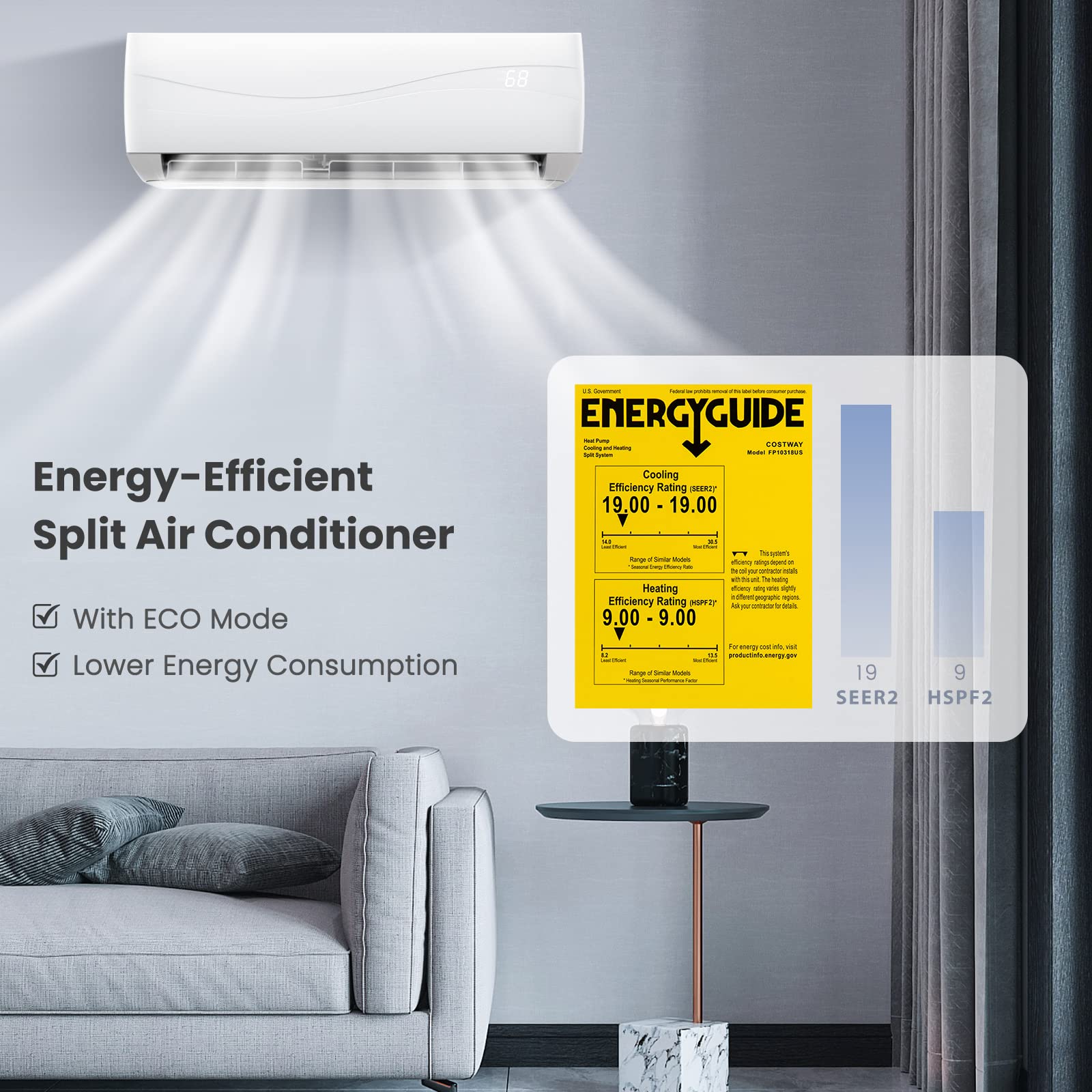 COSTWAY 18000BTU Mini Split Air Conditioneru0026 Heater,19 SEER2 208-230V  Wall-Mounted Ductless AC Unit Cools Rooms up to 1250 Sq. Ft, Energy  Efficient Inverter AC w/Heat Pump u0026 Installation Kit : Home u0026 Kitchen -  Amazon.com