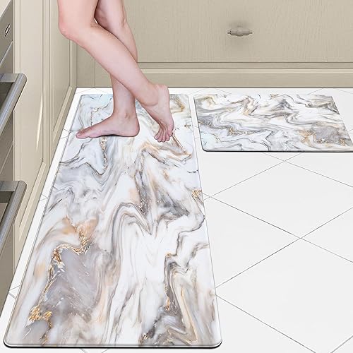 Miniatura 1 de Juego de 2 tapetes de cocina acolchados antifatiga, color blanco y dorado, tapetes de cocina lavables de mármol, antideslizantes, impermeables, para
