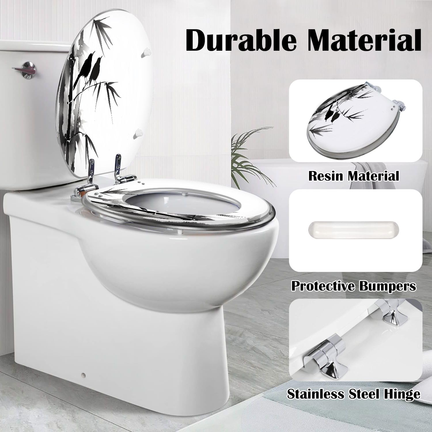 Sedile WC Allungato In Resina Effetto Bambù con Geroglifico E Hua E Due Merli, Chiusura Lenta E Silenziosa, Sgancio Rapido, Facile Da Pulire E Installare.
