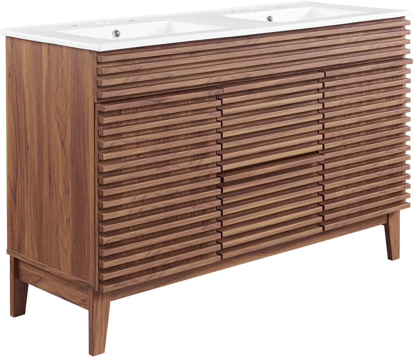 Pemberly Row 48" Modern Wood Double Sink Bathroom Vanity, Walnut/White Finish, MDF and Particleboard Construction, Ceramic Sink Basin, Mid-Century Style, Tapered Legs, Ample Storage for Bathroom Use