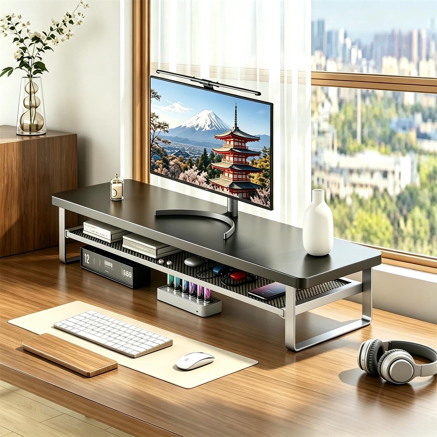 SCOCCA モニター台 卓上 モニター台 幅70cm pc台 デスクシェルフ 2段 引出し付き 木製天板 耐荷重30kg パソコン台 机上整理 目線アップ 猫背防止 スライドトレー 書類/キーボード収納 組立簡単 家 オフィス対応(70*22*15cm) (ブラック)