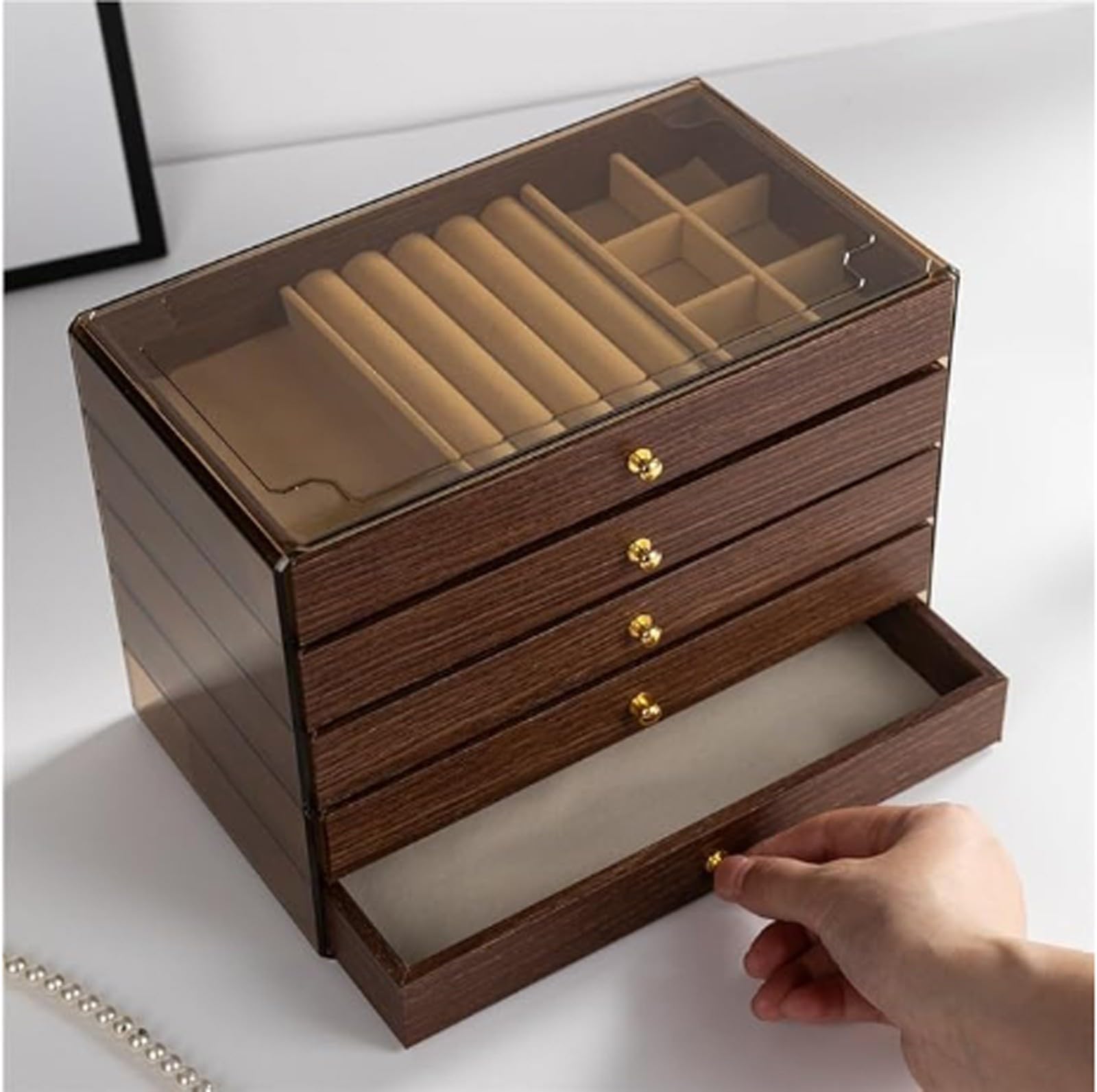 Drewniane pudełko na biżuterię dla kobiet Vintage drewniany organizer męski do przechowywania kolczyków, pierścionków, naszyjników, bransoletek i zegarków (5 warstw A)