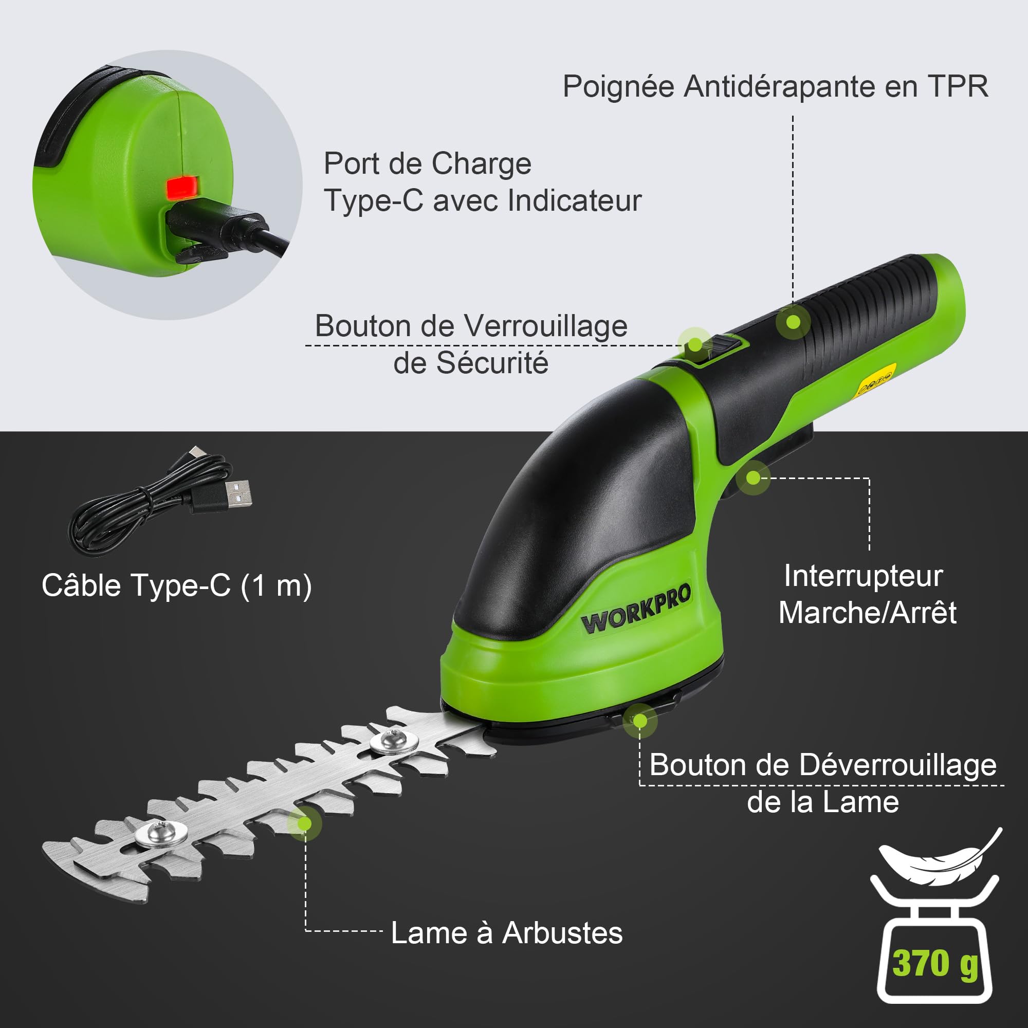 WORKPRO Cisaille Sculpte-Haie et Taille-Herbes sans Fil 3,6V