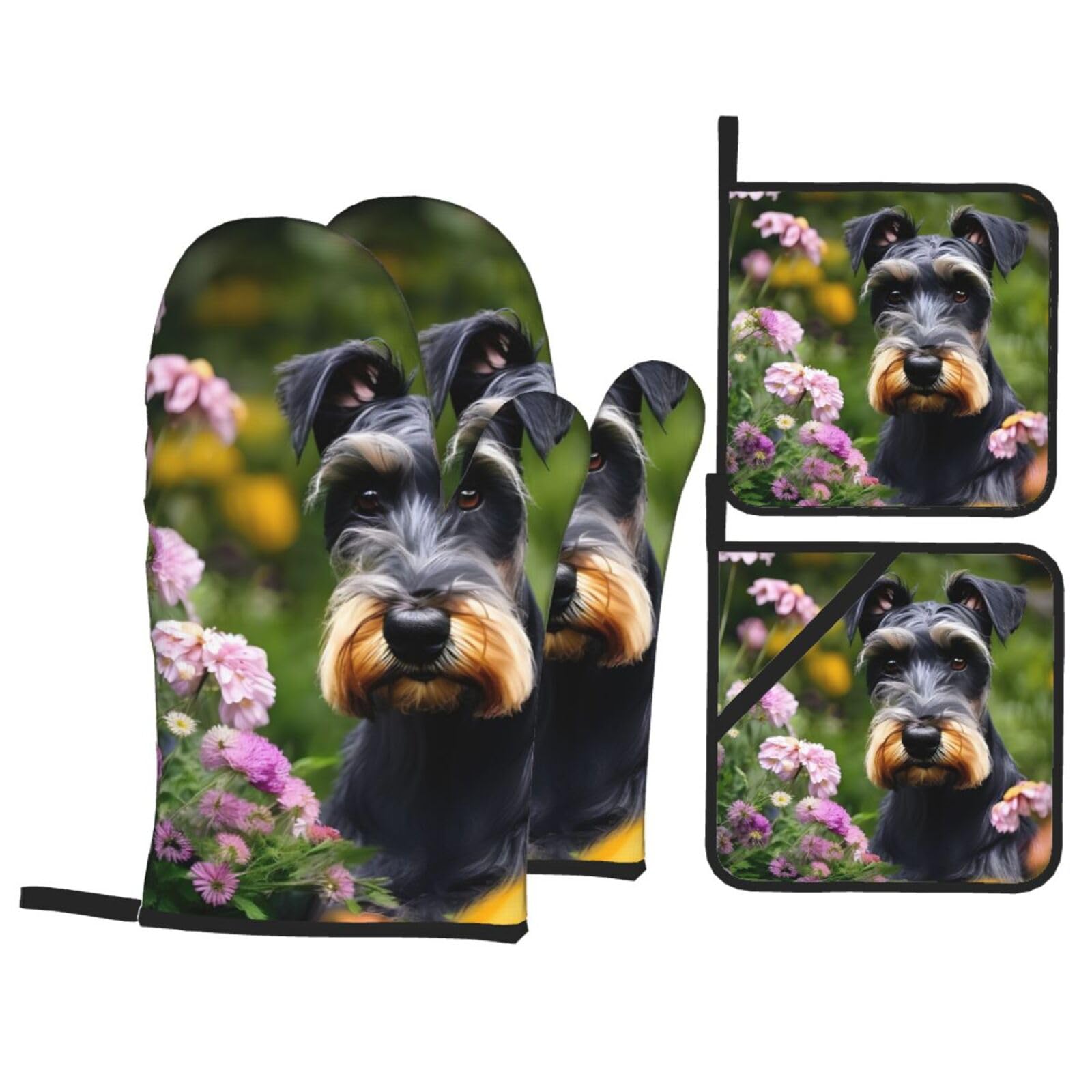 Nimongt Black Schnauzer Print Heat-Resistant 4-Piece Oven Kitchen Gloves For Baking Cooking Microwaving Essentials