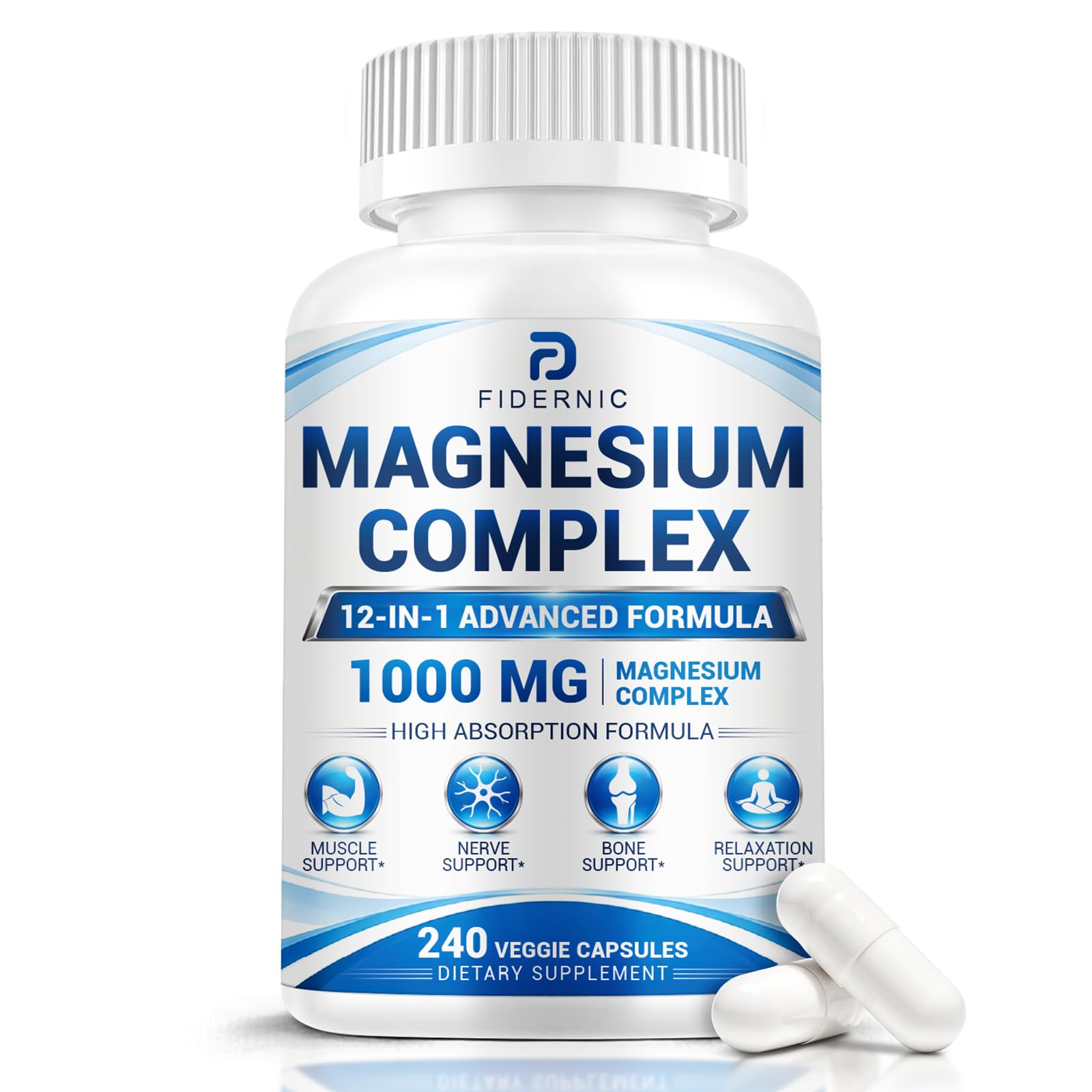Magnesium Complex 1000mg, 12-in-1 High Absorption Supplement - 240 Capsules 240 Count (Pack of 1)