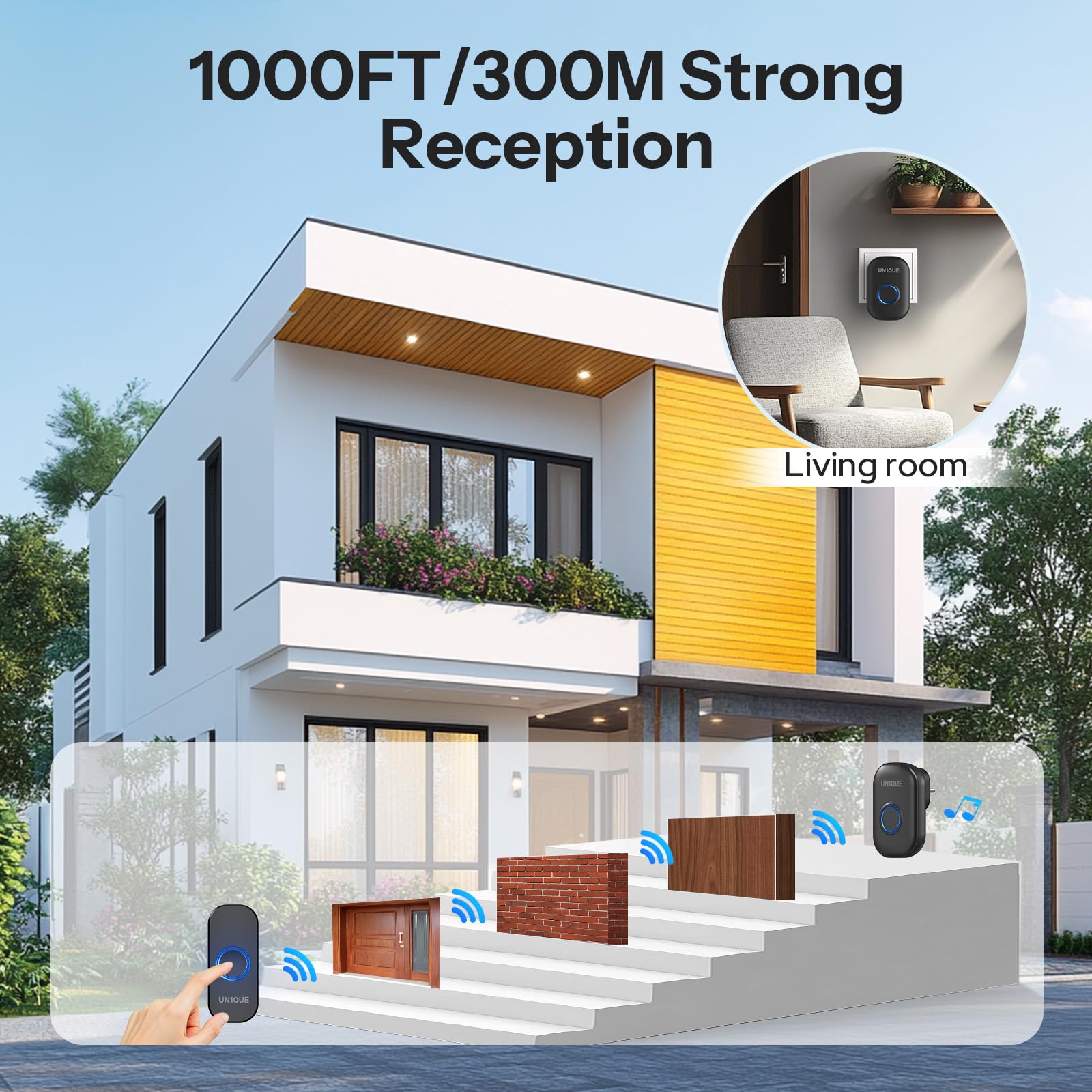 UN1QUE Wireless Door Bell for Home - Small Calling Bell for Office, 1000ft Long Range with 32 Chimes, 100dB Louder Volume, 4 Level Volume, LED Light (U600) (Black 1 Receiver +1 Portable Push Button) 1