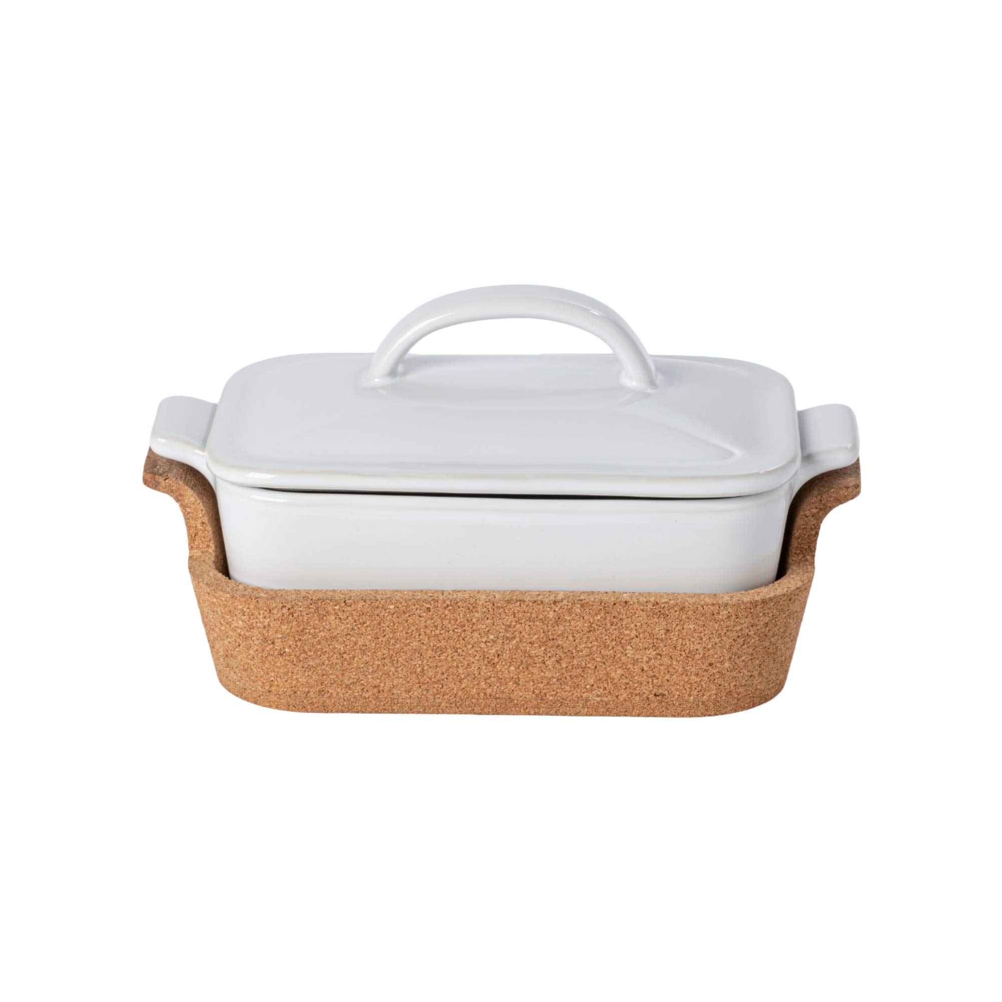 CasafinaEnsemble Collection Stoneware Bakeware Rectangular Covered Casserole w/Cork Tray, White, 10"