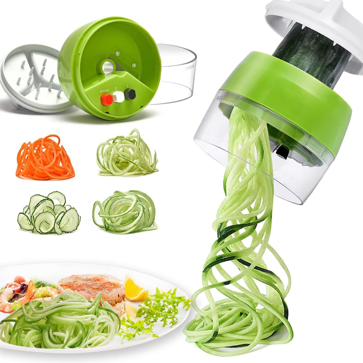FUIN Spiralizer Vegetable Slicer, 4 in 1 Heavy Duty Veggie Spiral Cutter, Heavy Duty Thick and Thin Veggie Spiral Cutter with Container, Carrot,Cucumber, Zucchini,Onion Spaghetti Maker for Salad