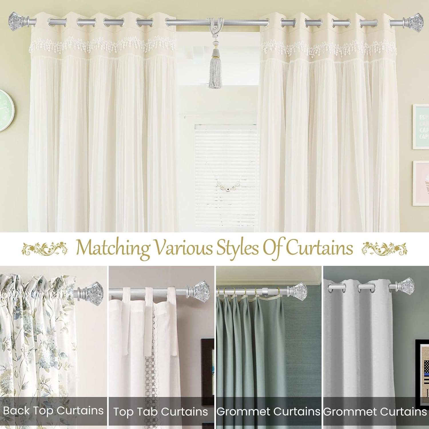 Silver Curtain Rods 66 to 120 Inch(5.5-10 ft), Modern Decorative Heavy Duty Adjustable Curtain Rod for Windows, Single curtain Rod with Silver Translucent Diamond finials, 36-120"