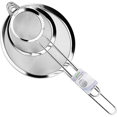 IPOW Set of 3 Stainless Steel Fine Mesh Strainer, Colander Sieve Sifters with Long Handle for Kitchen Food, Small Medium Large Size for Tea Coffee Powder Fry Juice Rice Vegetable Fruit Etc.