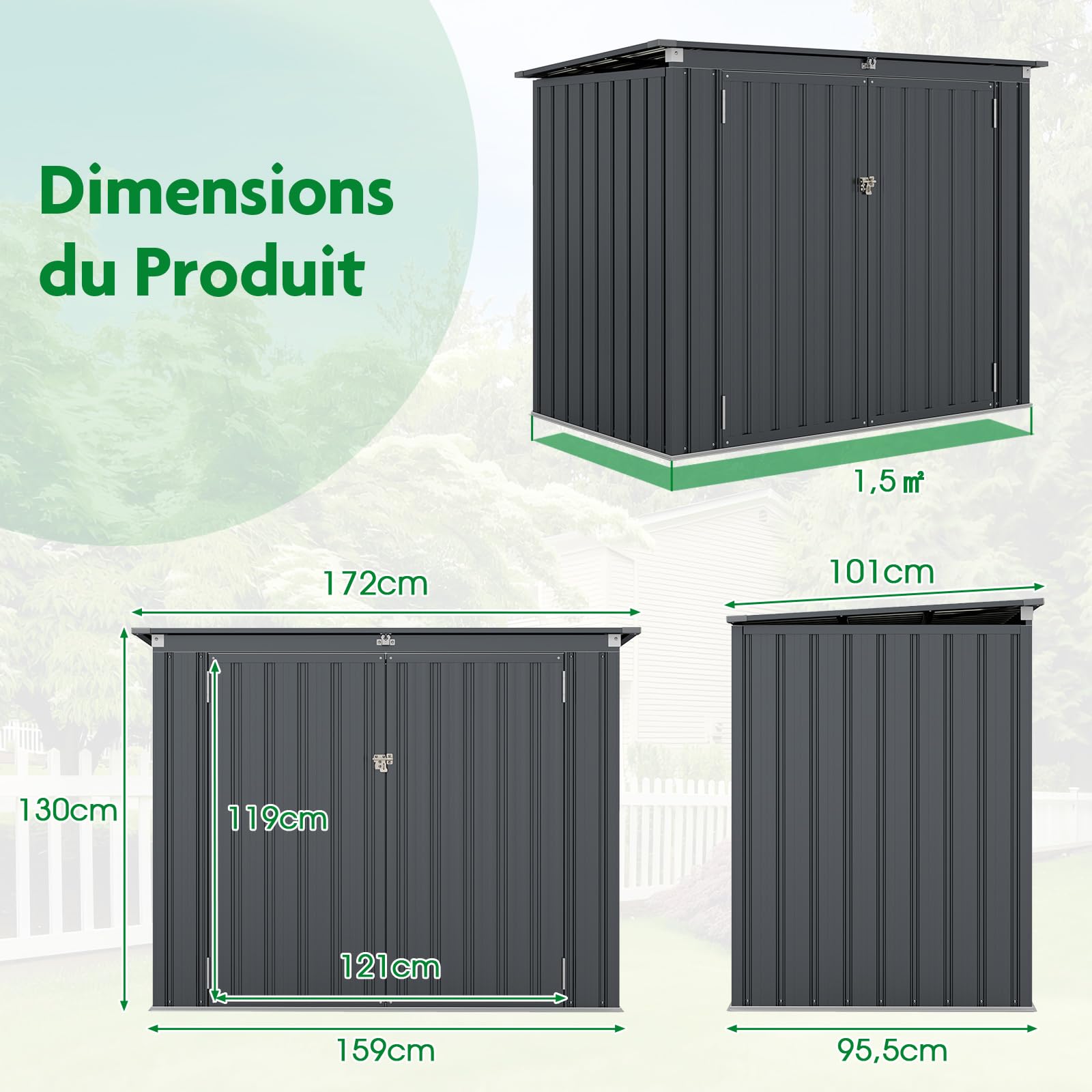 COSTWAY Abri de Jardin en Métal Galvanisé 1,5 m², Cache Poubelle Exterieur Verrouillable, Toit Ouvert, 2 Portes, Abri Poubelle Exterieur, 4 Gants, Rangement Etanche pour Vélo,Outils(Gris foncé)