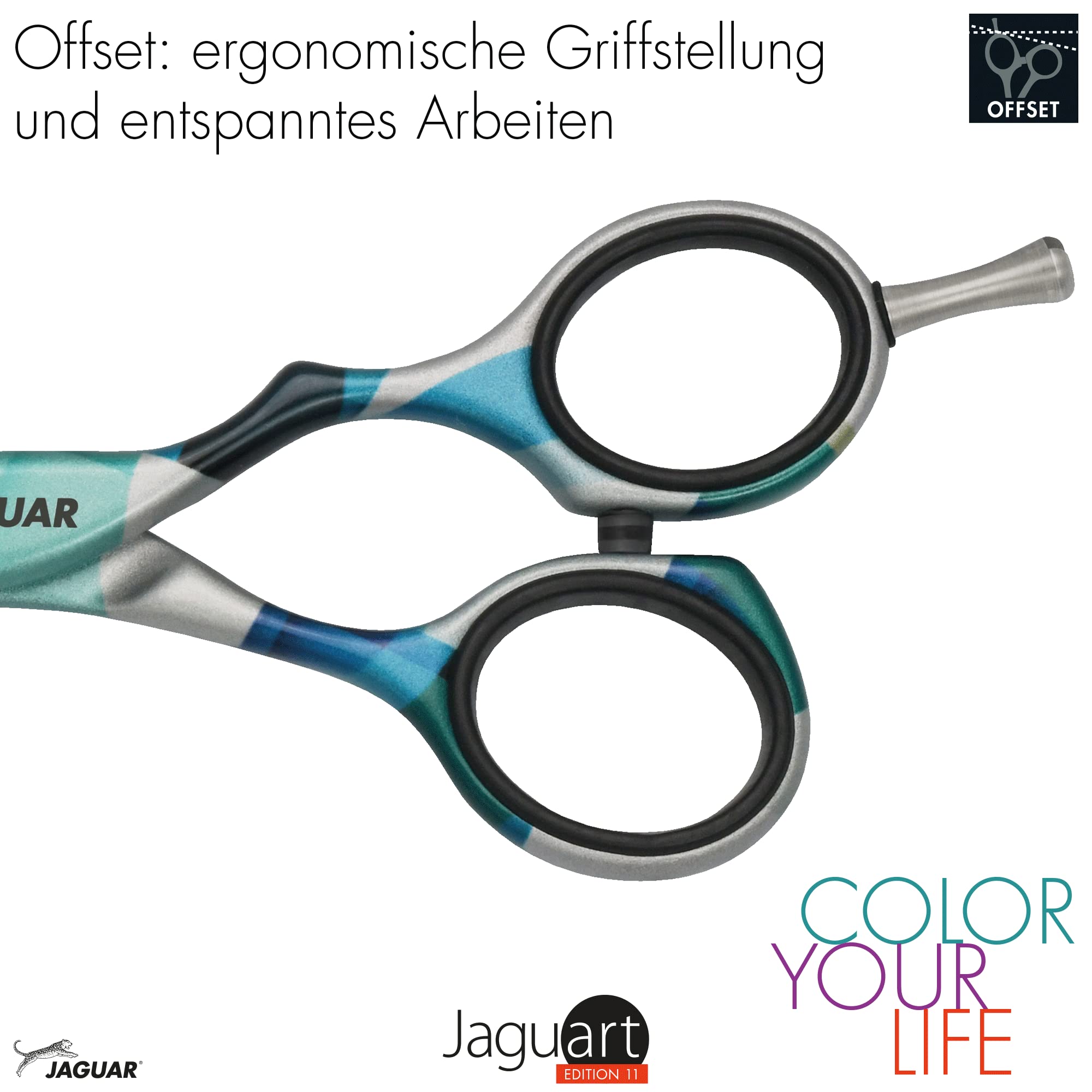 JAGUAR Haarschere JaguART IN MOTION 5.5" | ergonomische Griffstellung | Friseurschere im Offset-Design | antiallergene, resistente High-Tech-Beschichtung in Fotoqualität | Made in Germany