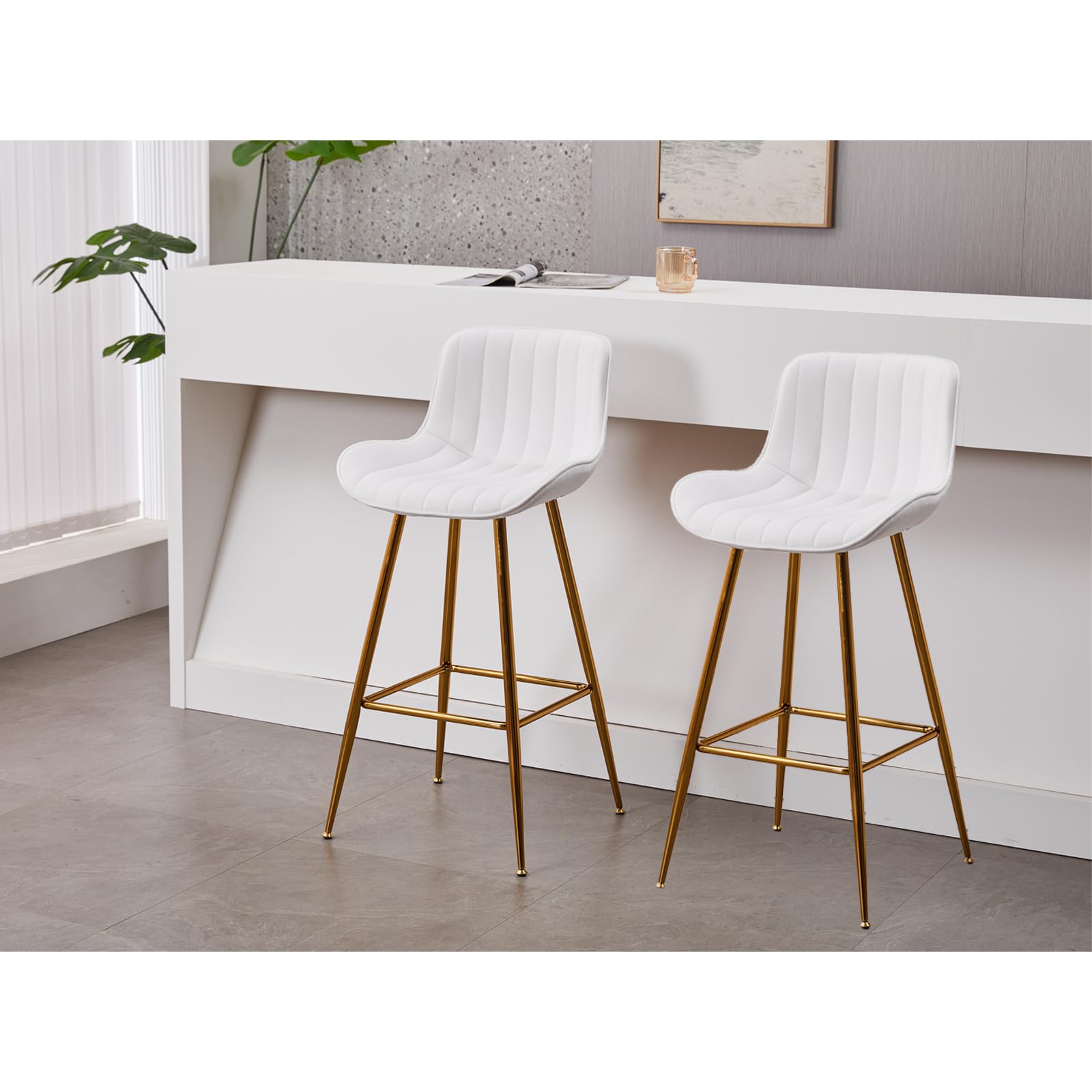 Sidanli Velvet Bar Stools with Gold Legs, Set of 2 Counter Height Stools for Kitchen Island, 29 Inch Modern Barstools with Swivel Leveling Feet, White