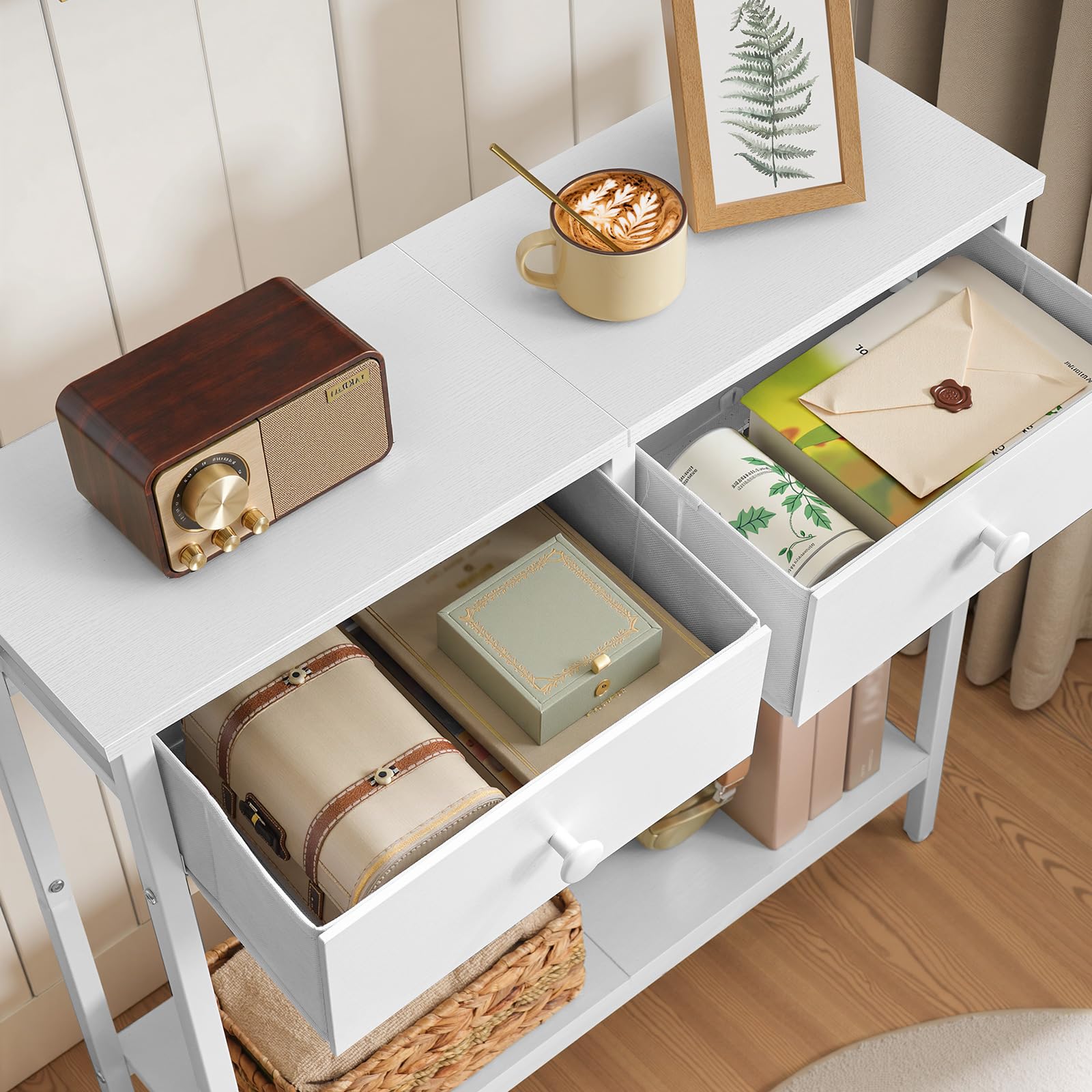 HOOBRO Consolle Ingresso, Tavolo con 2 Cassetti di Tessuto, 75 x 24 x 75 cm Tavolo da Divano, per Corridoio, Entrata e Soggiorno, Struttura Stabile, Bianco EWW71XG01