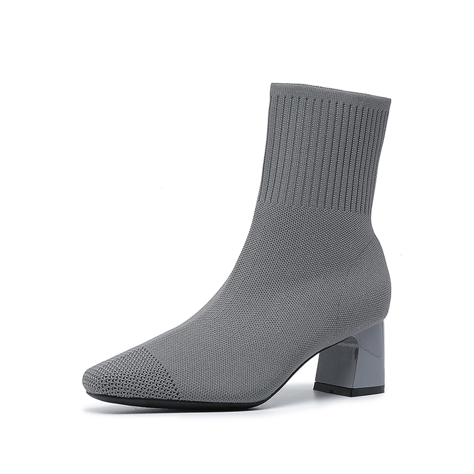 SWDZM Womens Knit Square Toe Ankle Boots Chunky Heel Breathable Stretchy Casual Short Boots