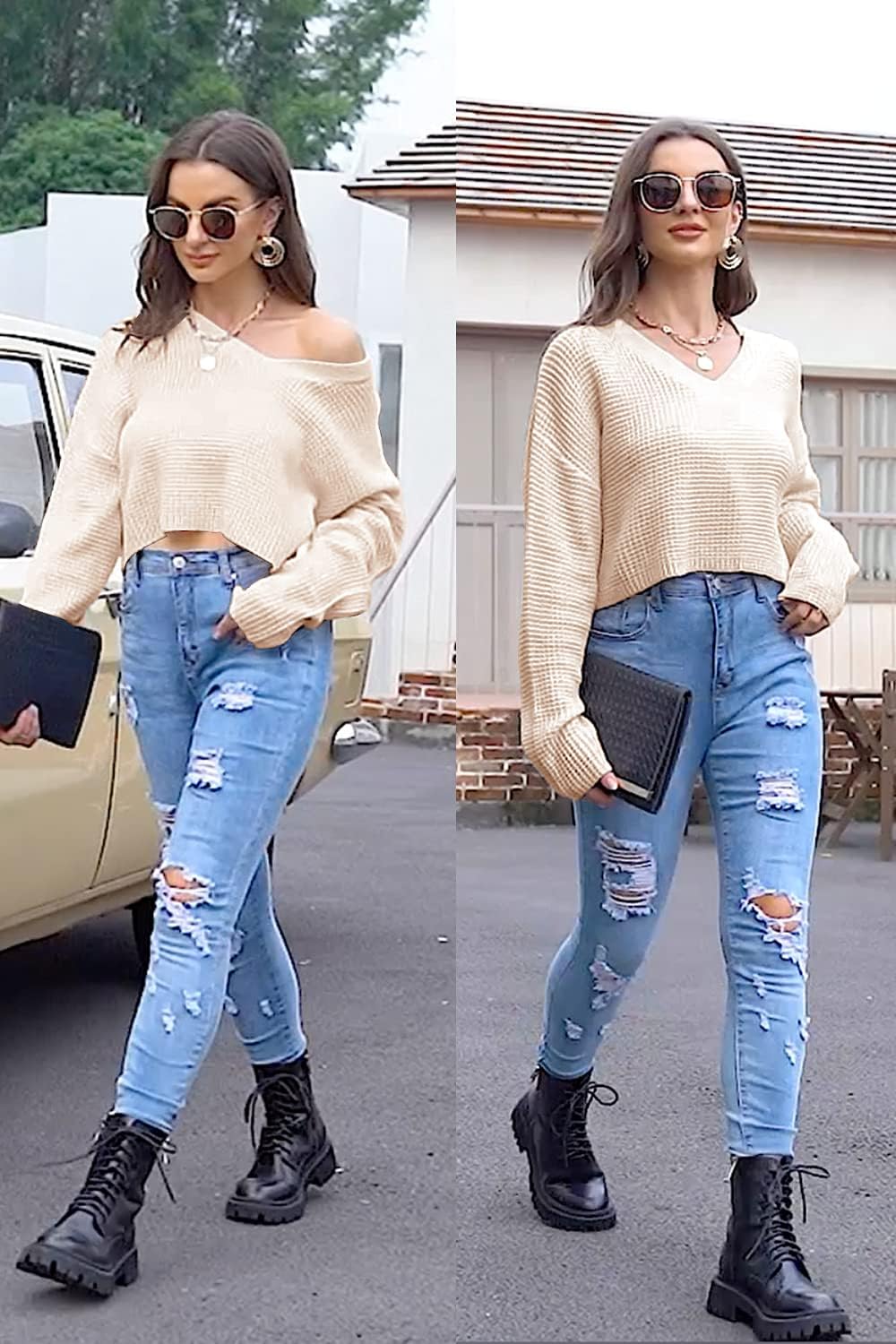 Jumppmile Womens V Neck Waffle Knit Cropped Top Long Sleeve Pullover Crop Sweater - Image 3